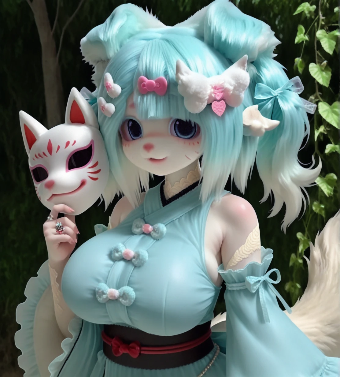 furry girl4 (yis cosplay),furry female,
animal ears,droopy ears,
gradient hair,white hair,aqua hair,bangs,
two side up,
hair ornament,hair ribbon,bow,hairclip,
blue eyes,
snout,
animal nose,
1girl, wild hips, huge breasts, au ra, bare shoulders, covering face, detached sleeves, dragon girl, fox mask, holding, holding mask, jewelry, looking at viewer, mask, ring, scales, solo, tail through clothes, wide sleeves,
intricate details,detailed background, <lora:noobaiXLNAIXL_epsilonPred11Version-lora:0.1> <lora:furry_girl4_yis_cosplay:1>