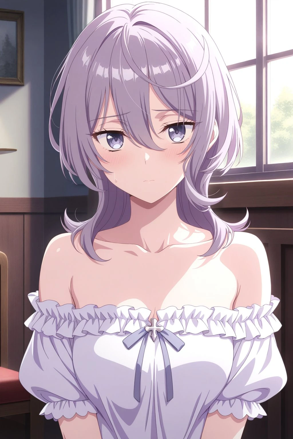 masterpiece, best quality, amazing quality, very aesthetic, absurdres, ultra detailed,
<lora:il_contrast_slider_d1 (ЦВЕТ КАРТИНКИ):-0.8>
<lora:Philia Adenauer:0.8> philia_adenauer, 1girl,
upper body, white shirt, frilled shirt, off shoulder shirt, short sleeves, strapless, collarbone, bare shoulders, indoors, window