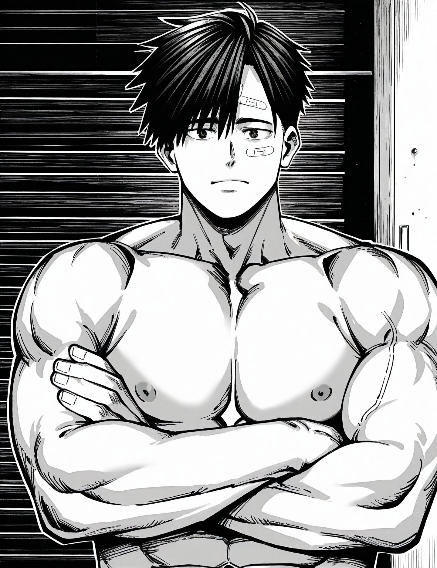 <lora:add-detail-xl:0.5>,masterpiecebest quality,anime coloring,anime screenshot,
<lora:bouryokubannzai:1>bouryokubannzaiV1,
greyscale,monochrome,
1boy,
male focus,
solo,
crossed arms,
bandaid,
muscular
upper body,
bandaid on face,
b_subaru,