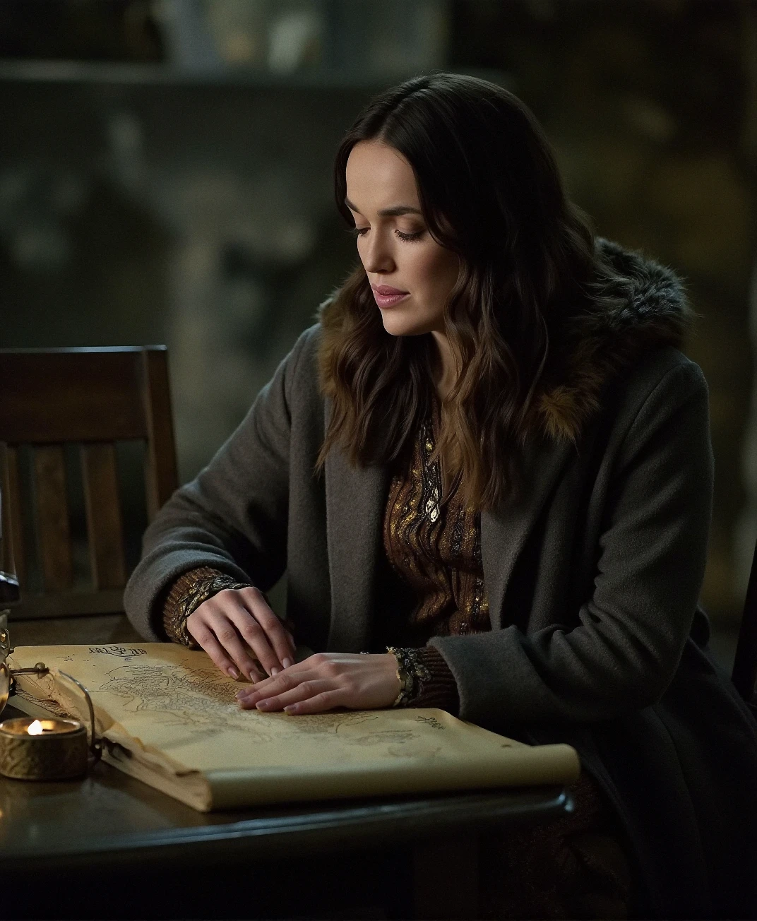 An analog photograph of (sks woman:1), Medieval fantasy, A Stormy Night in the Castle Library
Wrapped in a heavy fur-lined cloak, she sits by the flickering light of a lantern in a dimly lit library. She wears a modest gown of wool with embroidered trim, her dark curls falling loosely over her shoulders. Her fingers trace the worn edges of a parchment scroll as she pores over a map of distant lands, the sound of thunder echoing through the stone corridors.