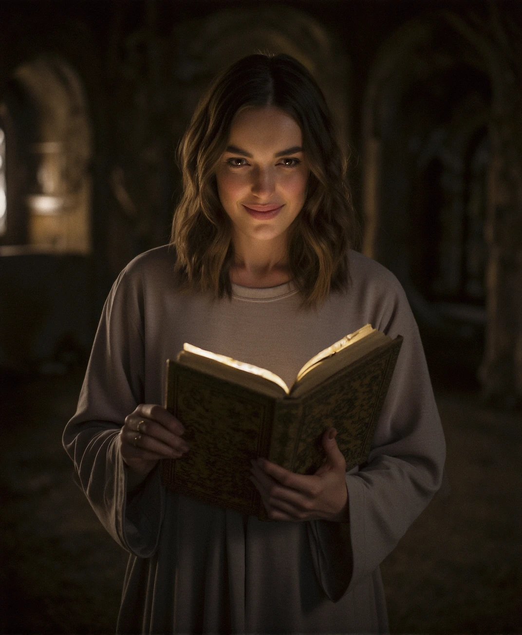 An analog photograph of (sks woman:1), fantasy world, Discovering an Ancient Spellbook
In the depths of a forgotten castle library, she pulls a dusty tome from the shelf, its cover inscribed with glowing runes. She wears a simple gown of pale gray, her dark curls falling loose around her shoulders. As she opens the book, a faint light emanates from the pages, and the air fills with a soft, melodic hum. Her eyes widen as she realizes the spells within could change the fate of her kingdom.