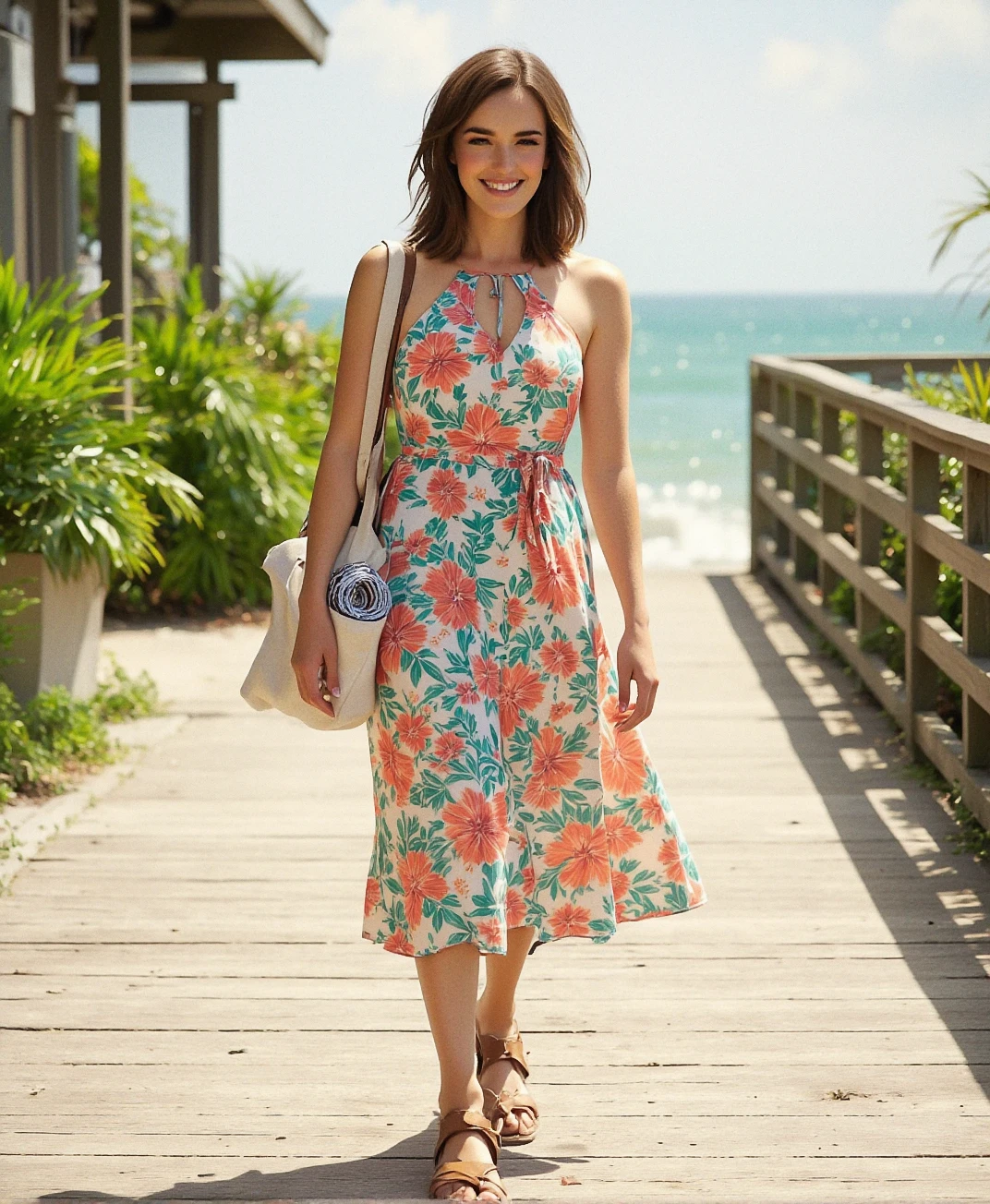 An analog photograph of (sks woman:1), Exploring a Coastal Town
Walking along a sunlit boardwalk, she wears a light floral dress patterned with coral and turquoise hibiscus blooms. The dress is midi-length, with a halter neckline that ties at the back of her neck. She carries a canvas tote bag slung over her shoulder, filled with local souvenirs and a rolled-up beach towel. Her leather sandals slap gently against the wooden planks, and her shoulder-length curls are tousled by the salty breeze as she stops to admire the view of the ocean.