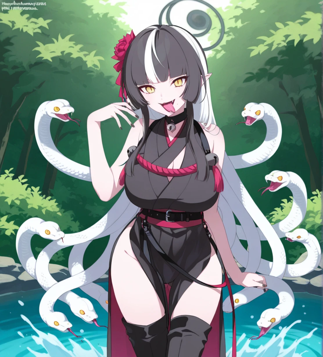 Habu Azami,
halo,
black hair,white hair,two-tone hair,long hair,
living hair,snake hair,white snake,
long sidelocks,blunt bangs,bangs,
yellow eyes,slit pupils,
nail polish,black nails,
side slit,black dress,two-tone dress,red inner,sleeveless,bell,strap,belt,
thigh boots,black boots,high heel boots,
forked tongue,tongue out, snake tongue,
fangs,
1girl, wild hips, huge breasts, :d, ass visible through thighs, breasts, cleavage, cowboy shot, day, elf, fanbox username, flower, glint, groin, hair flower, hanging breasts, leaning forward, looking at viewer, outdoors, smile, solo, splashing, teeth, thigh gap, upper teeth only, water,
intricate details,detailed background, <lora:noobaiXLNAIXL_epsilonPred11Version-lora:0.1> <lora:Habu_Azami:1>