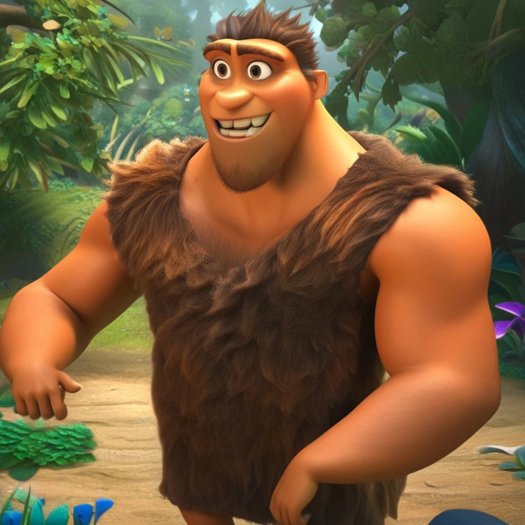 Grug, short brown hair, brown eyes, muscular,
sleeveless,
upper body, standing, serious,
jungle, tree house, <lora:Grug-10:0.7>