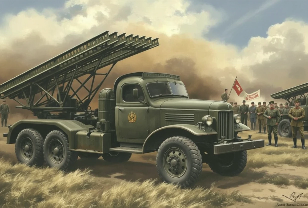 sketch of the battlefield, Masterpiece, Top quality, World War II (1.5), Harsh atmosphere of the battlefield (1.4), Dust clouds (1.1), Exquisite weapons (1.0), Atmospheric lighting (1.1), Cinematic composition (1.2), Historical accuracy (1.4), <lora:katyusha:1>katyusha
This military vehicle, called "Katyusha," is equipped with eight rocket launchers mounted on the bed of a six-wheeled military truck.Three-quarter view.A military parade, attendees, a portrait of Stalin, a banner with Russian text.Russian soldiers riding.