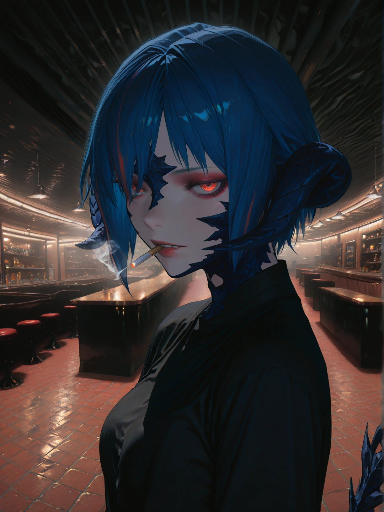 AU RA,<lora:éå¤ çå ill:0.6>,blue hair,short hair,red streaked hair,1girl,tail,smoke,cigarette,(close-up:0.6),front view,<lora:re4lity:0.7>,<lora:Sinozick_style:0.8>,re4lity_sync_illu,fisheye,foreshortening,scenery,photo background,makeup,bar,looking_at_viewer,facing_away,, masterpiece, best quality, amazing quality, very aesthetic, absurdres, newest, (volumetric lighting), To make the background more distinctive