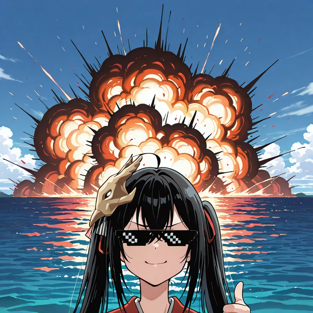 HDA_MasterpieceXL_v1.2, 1girl, outdoors, ocean, sea, warships can be seen on the distance, <lora:Taihou_-_Azur_Lane_Slow_Ahead_Ver.:1> TaihouSAIL, black hair, twintails, mask on hair, <lora:MLG_Glasses:1> mlg_glasses, sunglasses, mlg_glasses, explosion in back, thumbs up BREAK, detailed background, depth of field, photorealistic details, volumetric lighting