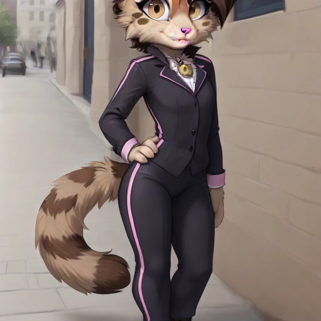 , dark brown, posing on the sidewalk, solo, civet, fluffy, wearing a Pant suit, Large eyes, fur, pink lipstick, Furry, Cat, civet cat