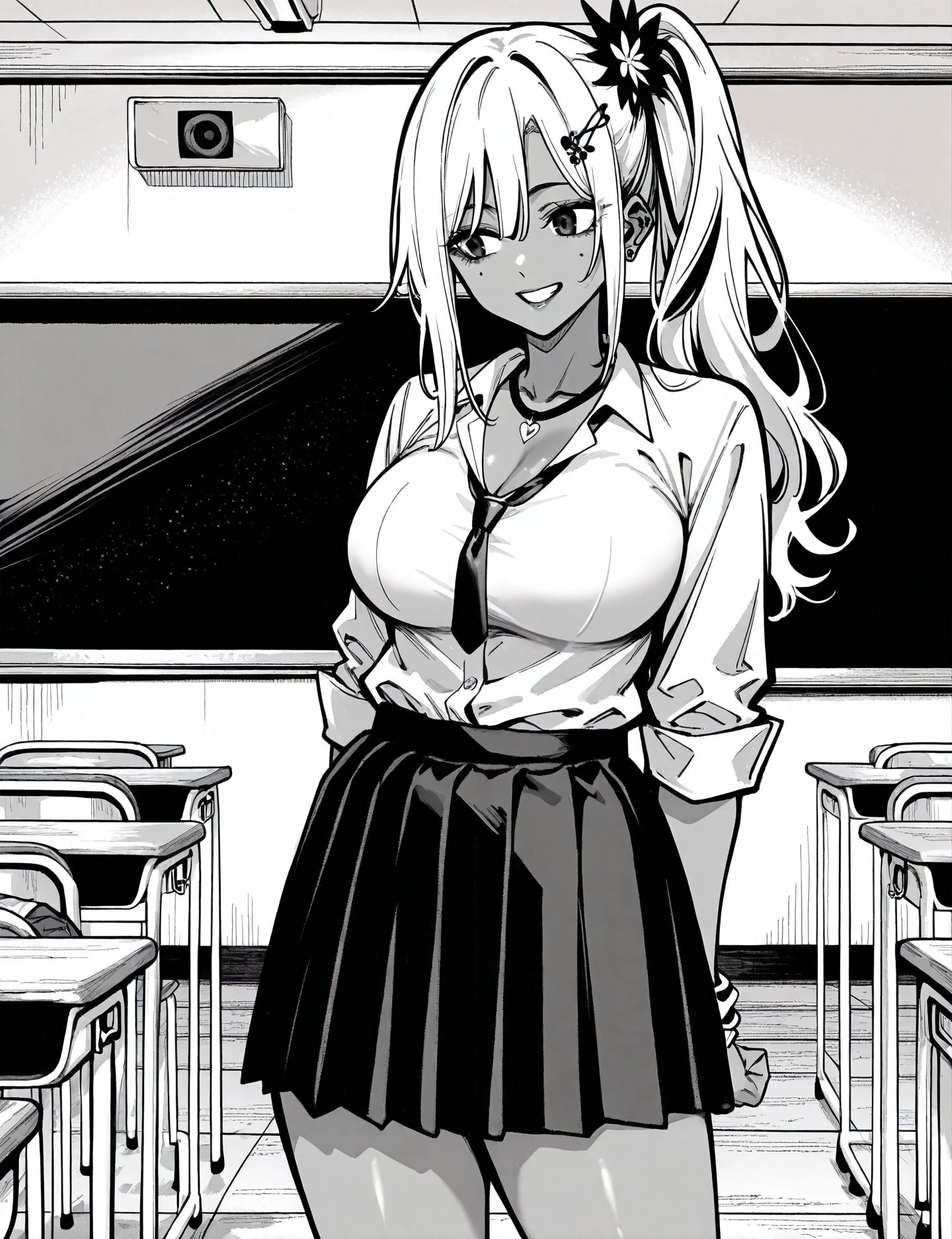 <lora:add-detail-xl:0.5>,masterpiecebest quality,anime coloring,anime screenshot,
<lora:bouryokubannzai:1>bouryokubannzaiV1,
1girl,
monochrome,
greyscale,
skirt,
dark skin,
gyaru,
classroom,
hair ornament,