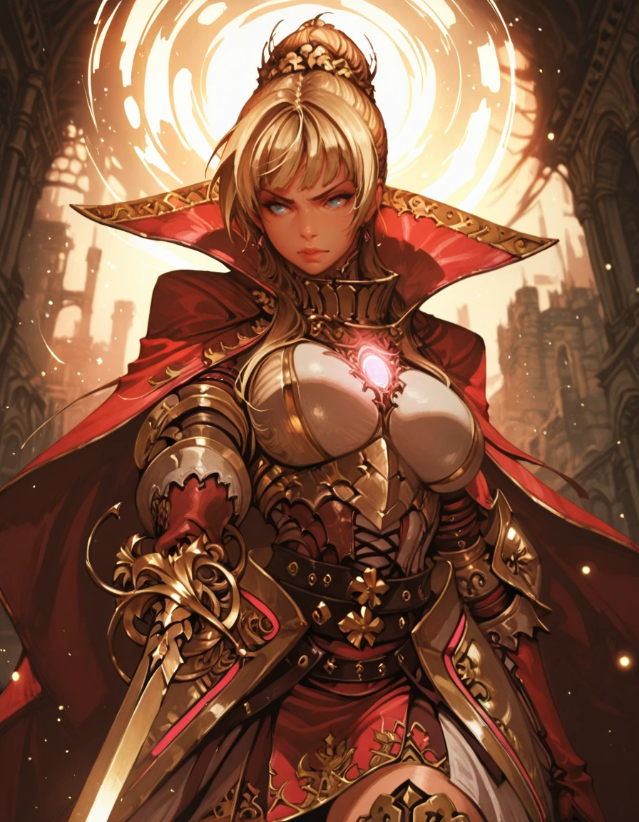 masterpiece, best quality, 1girl, solo, absurdres,
large breasts,
elizadg,
blonde hair, blue eyes, hair bun,
armor, holding sword, attack,
from below , spinning backfist, twisting torso, fierce glare, close-up shot, ,
fantasy, city, ruins,
blurry background, glowing, light particles,
embedding:SmoothQuality,