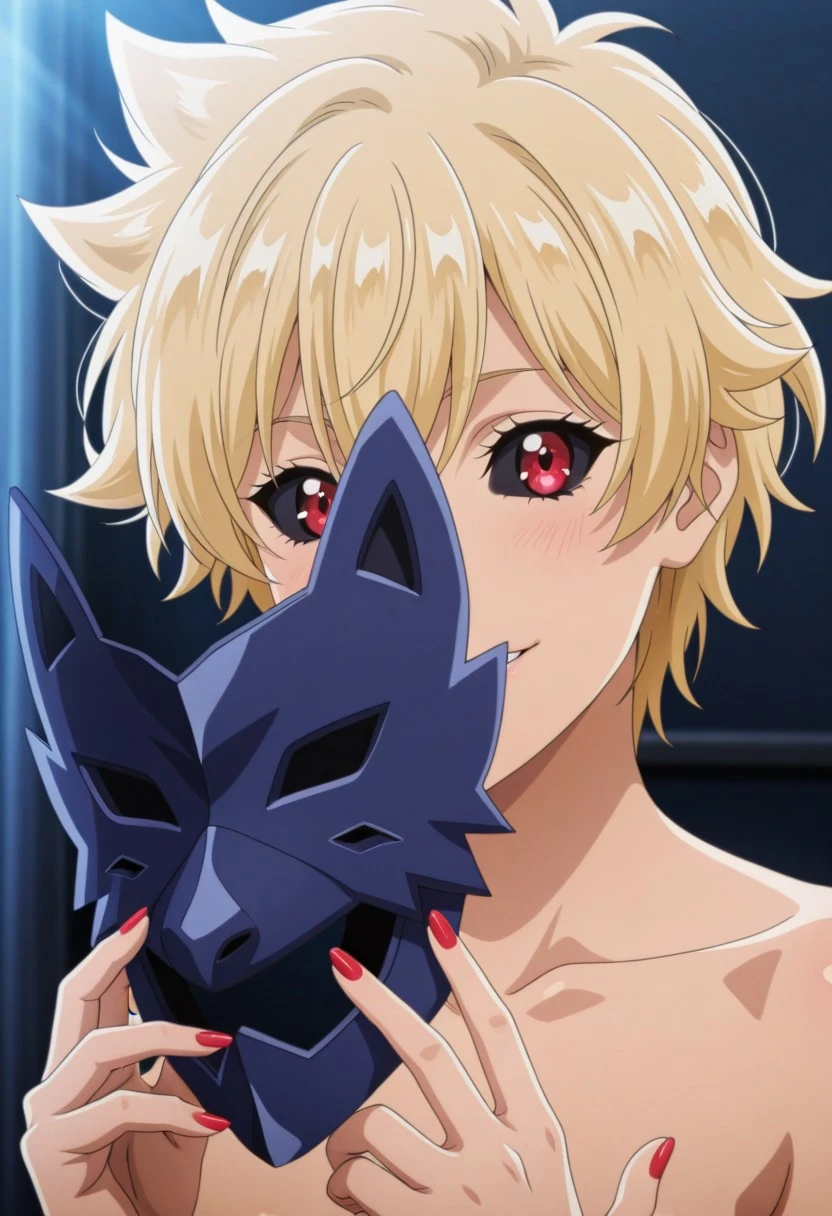 shiny skin, masterpiece,best quality,amazing quality, soft lighting, front light, official style, anime coloring, anime screencap,
arito kei, blonde hair, red eyes, solo,blue mask, smile, holding mask, colored sclera, black sclera, 1girl, looking at viewer, holding, short hair, letterboxed, nail polish, parted lips, red nails, portrait, mask removed, bangs, red eyes,
Show less