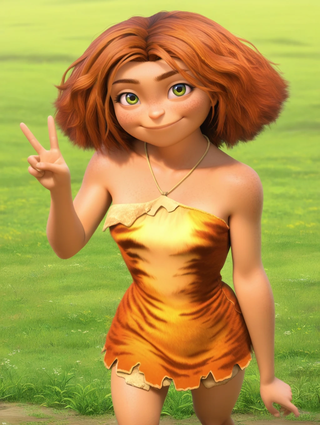 masterpiece, best quality, amazing quality, very aesthetic, absurdres, newest, Eep, redhead, short hair, green eyes, fur dress, sleeveless, exposed shoulders, 1girl, solo, smile, bare shoulders, animal print, standing, grass field, looking at viewer, freckles, peace sign, official style, anime_screencap