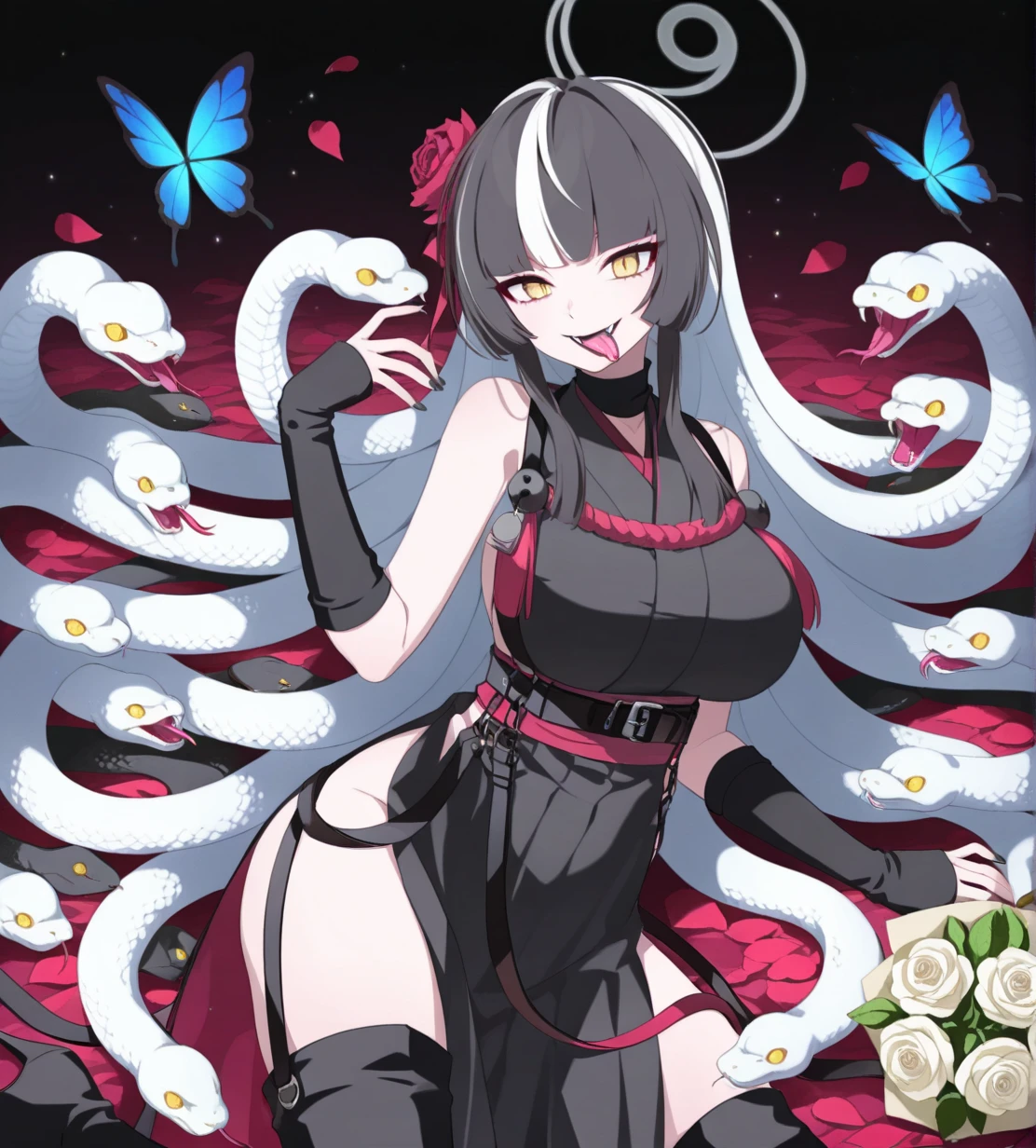 Habu Azami,
halo,
black hair,white hair,two-tone hair,long hair,
living hair,snake hair,white snake,
long sidelocks,blunt bangs,bangs,
yellow eyes,slit pupils,
nail polish,black nails,
side slit,black dress,two-tone dress,red inner,sleeveless,bell,strap,belt,
thigh boots,black boots,high heel boots,
forked tongue,tongue out, snake tongue,
fangs,
1girl, wild hips, huge breasts, blue butterfly, bouquet, bug, butterfly, falling petals, flower, grin, hair flower, hair spread out, happy, holding, holding bouquet, leaf, light particles, lipstick, looking at viewer, lying, makeup, on side, petals, rose, rose petals, smile, solo, upper body, white flower, white rose,
intricate details,detailed background, <lora:noobaiXLNAIXL_epsilonPred11Version-lora:0.1> <lora:Habu_Azami:1>