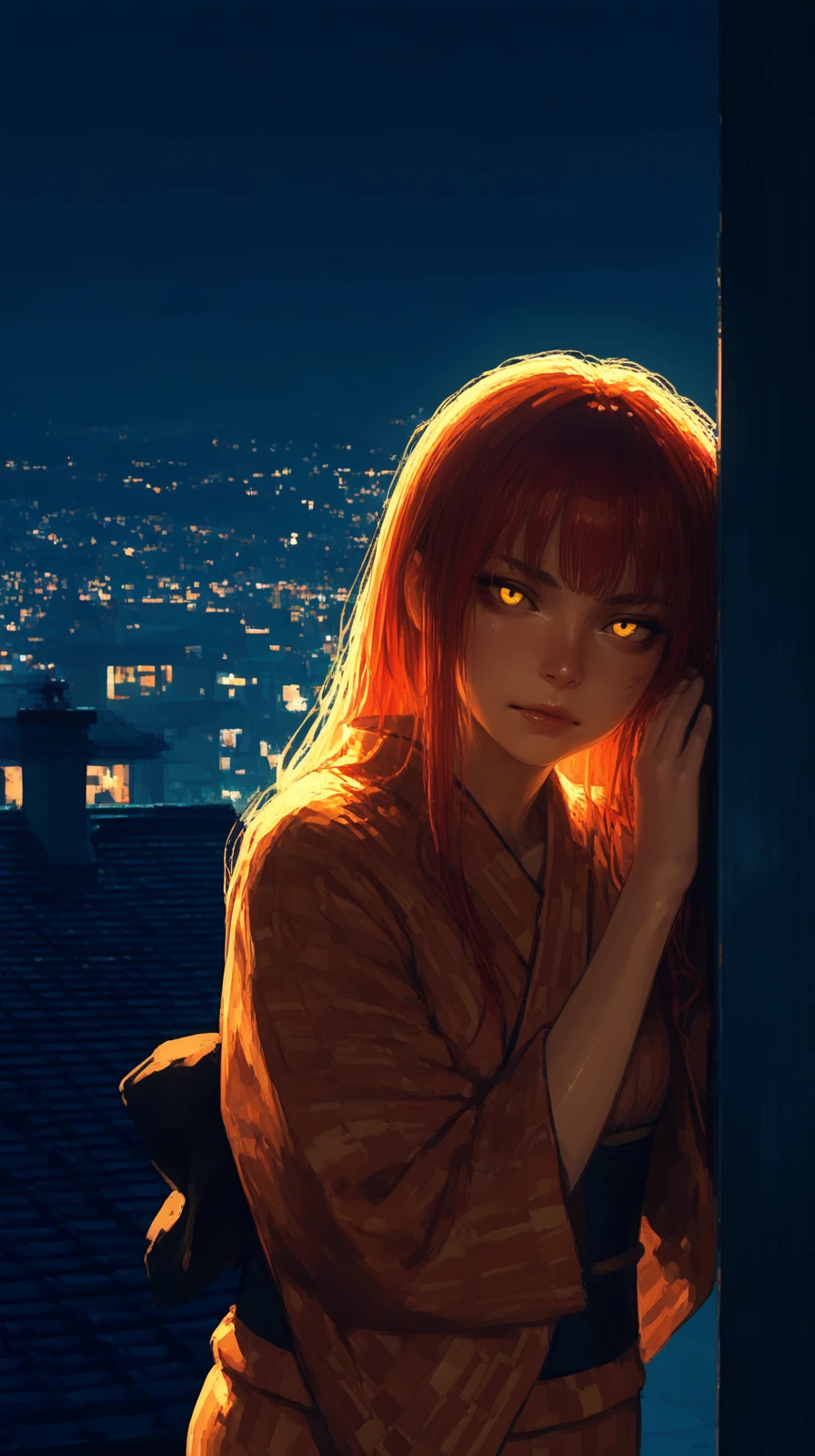 masterpiece, detailed_eyes, high_quality, best_quality, highres, absurdres, 8k, Jedst2, brushstrokes, pixel, masterpiece, best quality, 8k, DSLR photo, cinematic lighting, high detail, sharp focus, realistic skin texture, natural expression, redhead model, leaning on wall, traditional kimono, rooftop at night, rim lighting, medium shot, fierce attitude, <lora:Jedst2-000006:1>
