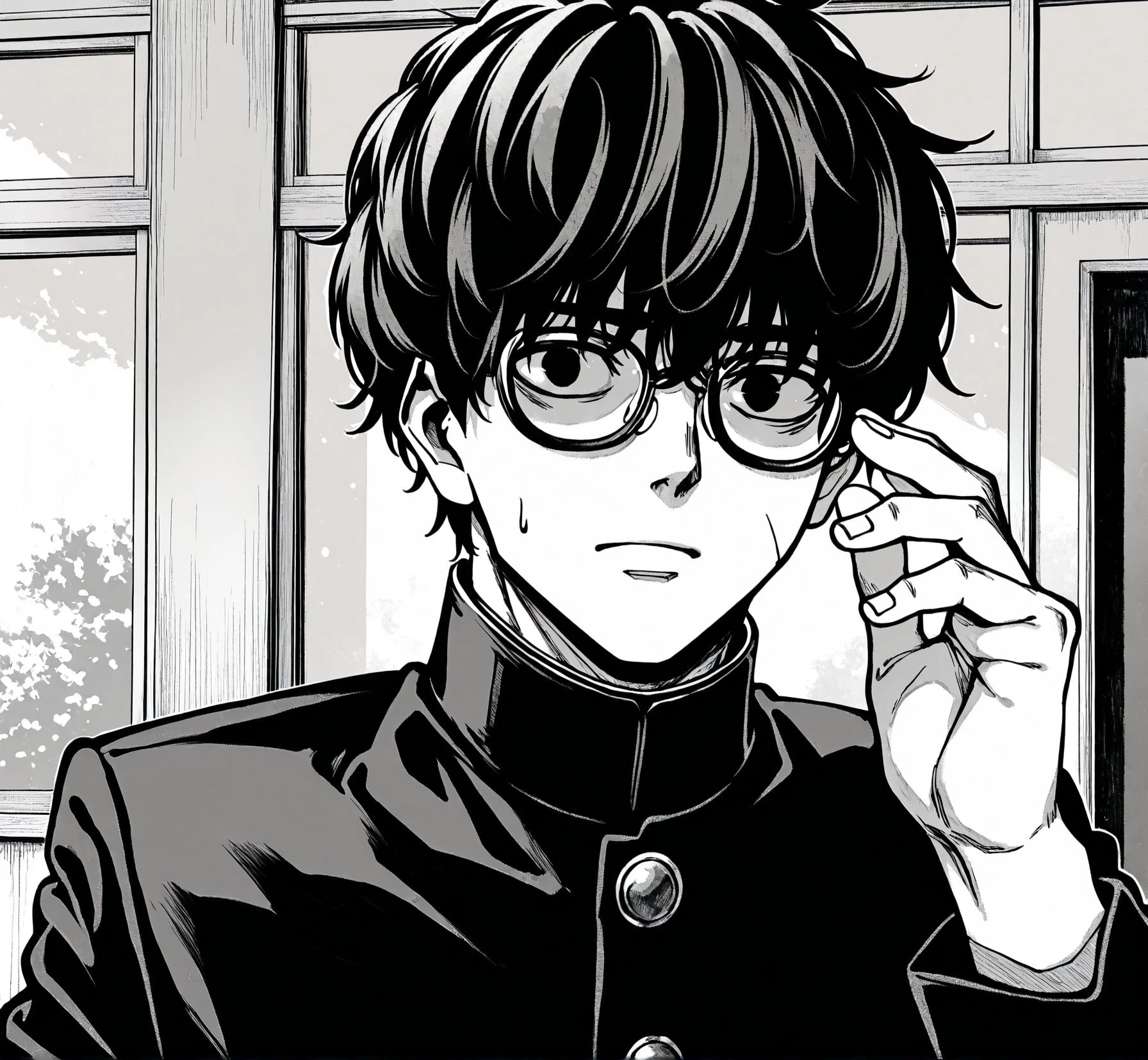 <lora:add-detail-xl:0.5>,masterpiecebest quality,anime coloring,anime screenshot,
<lora:bouryokubannzai:1>bouryokubannzaiV1,
monochrome,
greyscale,
1boy,
male focus,
gakuran,
school, uniform,
solo,
b_akita,
glasses,