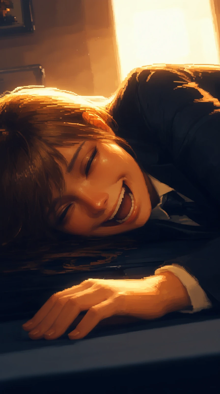 masterpiece, detailed_eyes, high_quality, best_quality, highres, absurdres, 8k, Jedst2, brushstrokes, pixel, masterpiece, best quality, 8k, DSLR photo, cinematic lighting, high detail, sharp focus, realistic skin texture, natural expression, plus-size model, laying down gracefully, business suit, minimalist room, golden hour lighting, Dutch angle, laughing, <lora:Jedst2-000006:1>