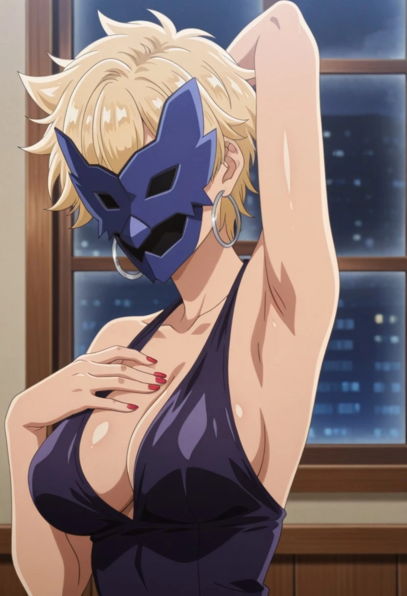 shiny skin, masterpiece,best quality,amazing quality, soft lighting, front light, official style, anime coloring, anime screencap,
 arito kei, 1girl, breasts, mask, solo, blonde hair, armpits, red nails, short hair, dress, earrings, cleavage, large breasts, jewelry, arm up, hoop earrings, upper body, arm behind head, hand on own chest, purple dress, nail polish, indoors, bare shoulders, window, sleeveless dress, from side, presenting armpit,