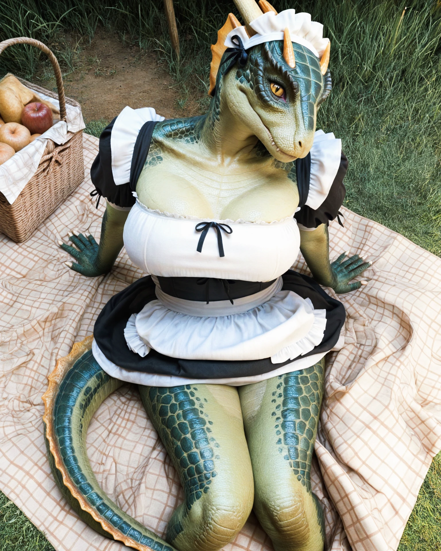 masterpiece, best quality, highres, absurdres, (realistic, photorealistic), cinematic, vibrant colors, 1girl, solo, anthro, scalie, argonian, big breasts, happy, cute expression, detailed scales, maid outfit, sitting, leaning back, three-quarter portrait, high-angle view, looking at viewer, grass, picnic blanket,