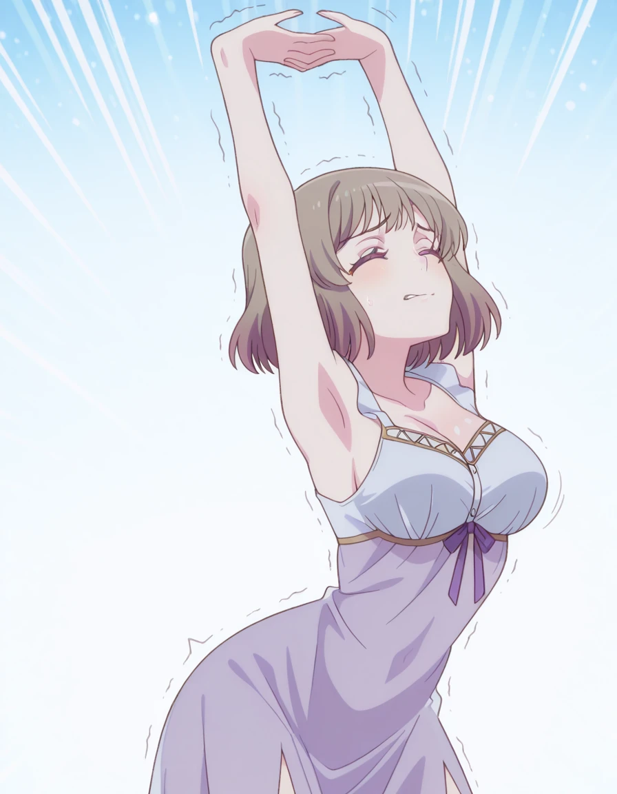 masterpiece, best quality, amazing quality,, <lora:alicia-edelsia-s1-illustriousxl-lora-nochekaiser:1>, alicia edelsia, short hair, brown hair, purple eyes, mature female, medium breasts, anime screencap, <lora:negligee-illustriousxl-lora-nochekaiser:1>, negligee, lingerie, sleeveless, underwear, only, see-through clothes, <lora:cammy-stretch-illustriousxl-lora-nochekaiser:1>, cammy stretch, cammy stretch (meme), stretching, arms up, arched back, cowboy shot, trembling, closed eyes,, lip_biting, , , ,