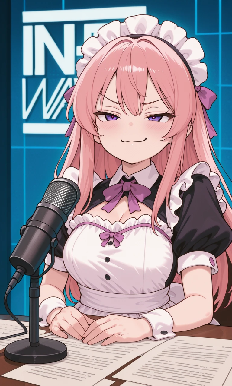 embedding:IllusP0s, info wars, white logo, blue wall, microphone, desk, 1girl, smug, pink hair, purple eyes, maid outfit,<lora:CivChan.safetensors:0.6:0.6> <lora:info_wars.safetensors:1.0:1.0>