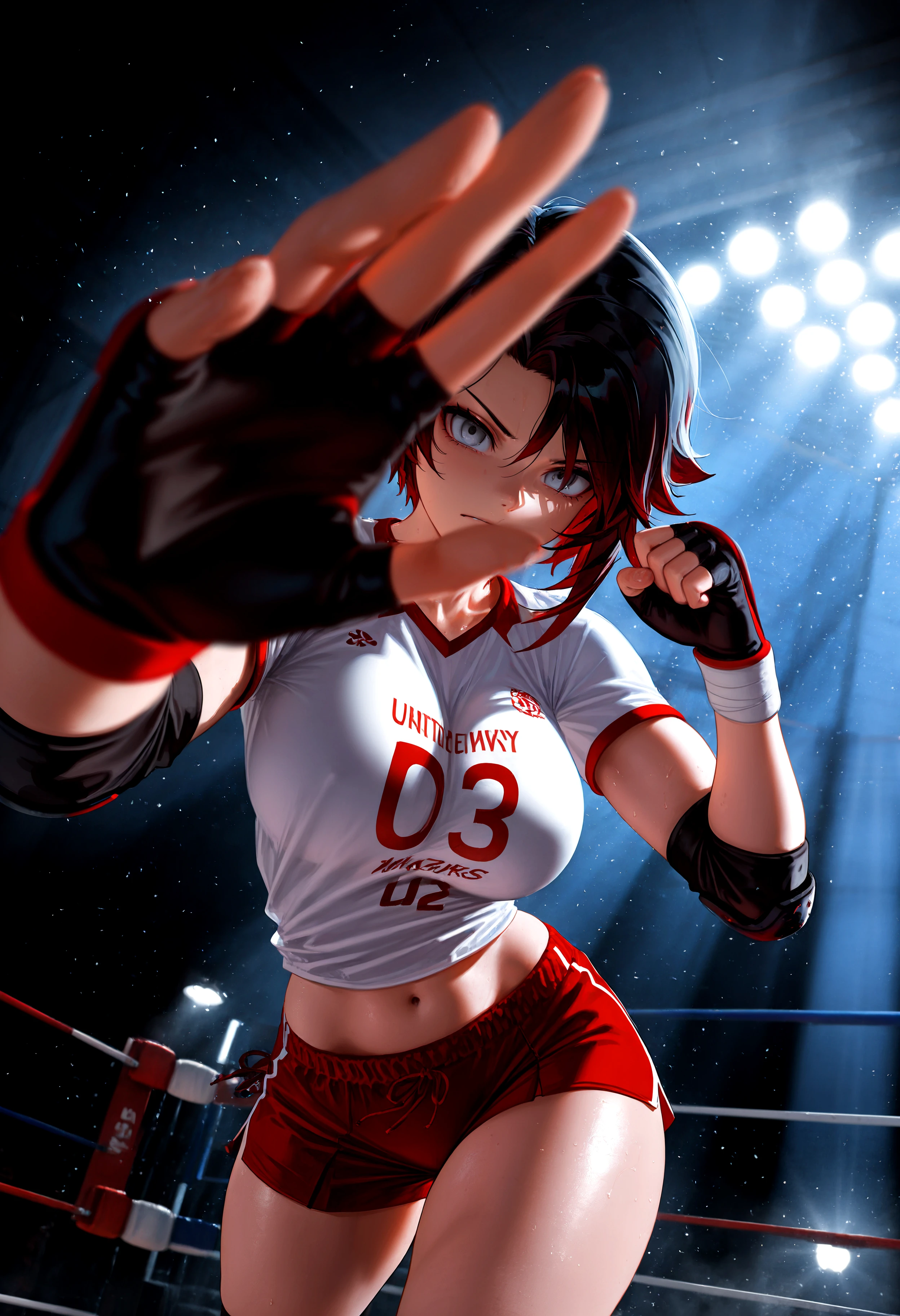 HDR, 8K, high contrast, masterpiece, best quality, amazing quality, very aesthetic, superabsurd res, high resolution, ultra-detailed, absurdres, newest, scenery, (horikoshi kouhei:0.3), (quasarcake:0.3), (wlop:0.3), light rays, chiaroscuro, dynamic angle, from below, dutch angle, foreshortening, perspective, fisheye, RWBY_RR, ruby rose, 1girl, grey eyes, short hair, bangs, black hair, gradient hair, two-tone hair, huge breasts, wide hips, (thick thighs:1.2), deep skin, skindentation, bandaged hands, volleyball uniform, track uniform, red and white shirt, small croptop, (sleevless, midriff), red shorts, buruma, short shorts, black elbow pads, shaded face, empty eyes, looking at viewer, outstretched arm, shadow boxing, hand focus, fog, boxing ring, evil aura, backlighting, partially illuminated, Intricately designed, Mysterious Shadows, BREAK, photorealistic, beautiful detailed eyes, detailed skin, detailed hair, volumetric lighting, dappled light, light particles, dramatic shadows, cinematic lighting, photo background, depth of field, <lora:IL\KMS_RWBY_RR_IL-000005:1> <lora:IL\touching_grass_v0.2:0.9>