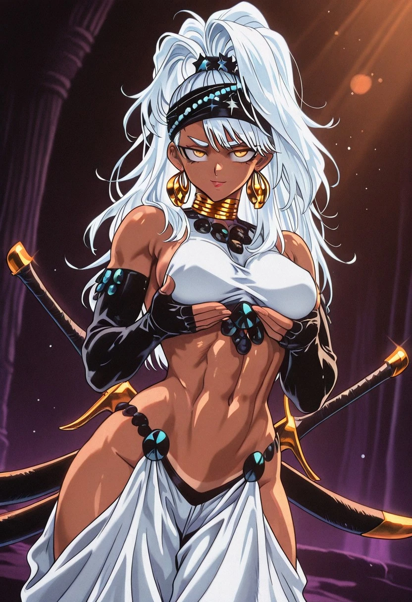 YutaOPM, 1girl, solo, tanned female, athletic figure, curvy figure, white hair, very long hair, hair ornament, high ponytail, hair band, headband, yellow eyes, lips, hoop earrings, dark skin, necklace, jewelry, large breast, white crop top, clothes ornament, side boobs, navel, midriff, groin, white pants, harem pants, side cutout pants, pants ornament, black gloves, elbow gloves, stirrup legwear, barefoot, weapon, dual wielding, sheath, bare shoulders, toeless legwear, baggy pants, abs,
,seductive pose, sexy pose, tease,
masterpiece, best quality, fine details, intricate details, depth of field, subsurface scattering, bokeh,
ultra-detailed, very aesthetic, detailed background, newest, scenery, highres, absurdres, colorful, vibrant, glowing, perfect face, 2d, perfect eyes, vibrant saturated colors, volumetric lighting, sharp, detailed eyes, perfect anatomy, perfect face, perfect eyes, mature body, clear eyes, beautiful eyes, athletic, curvy body, athletic girl, perky tits, perfect tits, round breasts, pinup pose, teasing, lustful expression, perfect hands,
muscular female, dutch angle,
,Smooth Negative, Smooth_Quality,
90s_anime_aesthetic, 1990s (style), dark_fantasy_style, dark fantasy, retro,