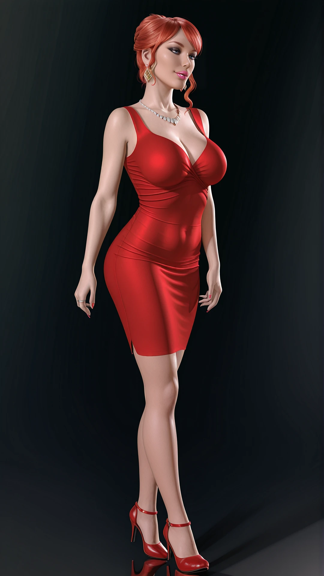 gorgeous Russian woman, short hair, platinum blonde, short red dress, blank background, white background, full body shot, walking, blue eyes