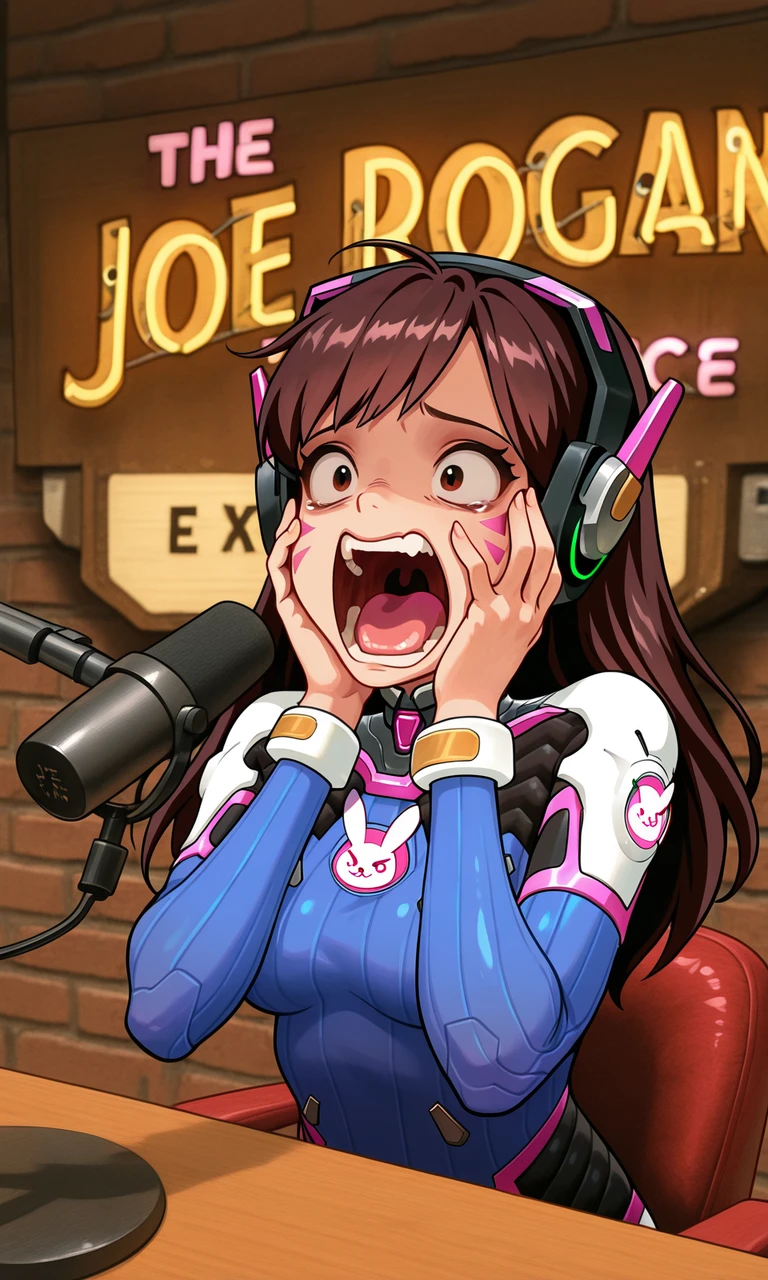 embedding:IllusP0s, the joerog an experience, sign, microphone, desk, wall, 1girl, d.va_\(overwatch\), scared, screaming, hands on own face,<lora:the joerog an experience_illustrious.safetensors:1.0:1.0>