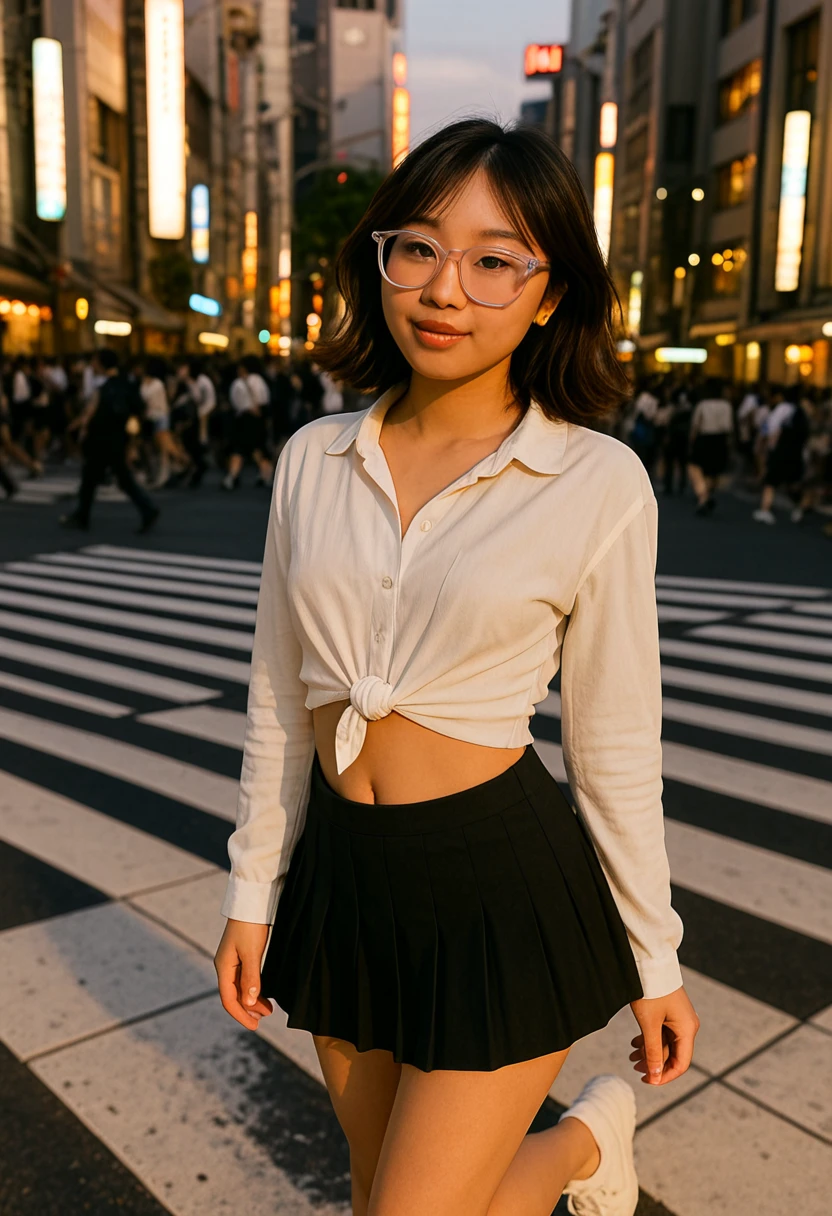 AmiGPT, full-body, young East Asian woman, urban fashion editorial in Tokyo, golden hour light, cropped white button-up shirt tied at waist, black pleated mini skirt, chunky white sneakers, oversized pink-tinted glasses, soft waves in brown hair, minimal makeup, city crosswalk background, blurred lights and motion, high-detail, fashion photography, shallow depth of field
