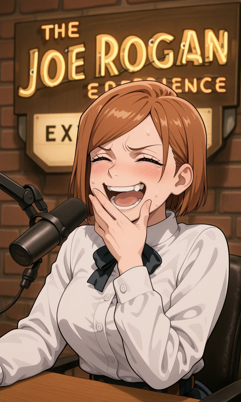 embedding:IllusP0s, the joerog an experience, sign, microphone, desk, wall, 1girl, laughing, hand over own mouth, blush, kugisaki_nobara<lora:the joerog an experience_illustrious.safetensors:1.0:1.0>