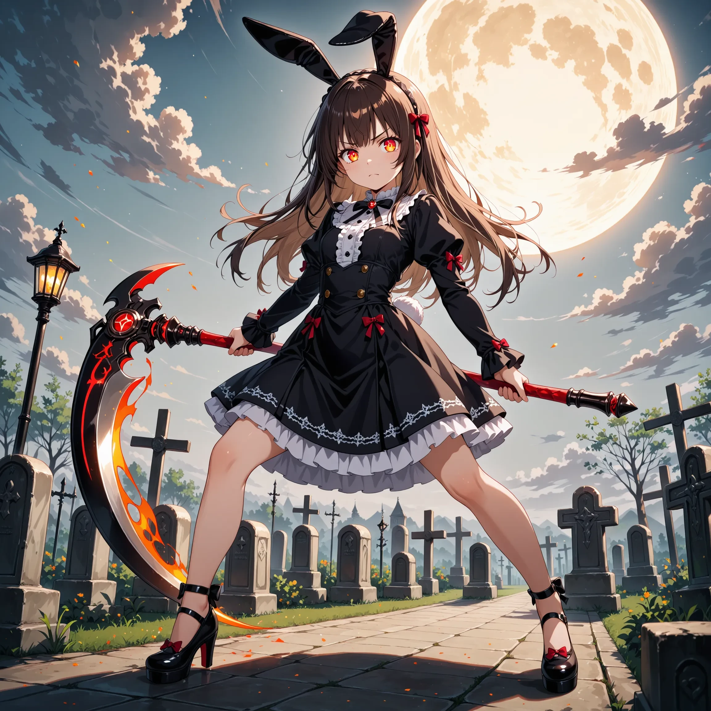 1girl,
rabbit ears,
gothic dress,
holding scythe,
glowing eyes,
slashing,
fighting stance,
graveyard,
moon,
masterpiece, best_quality,