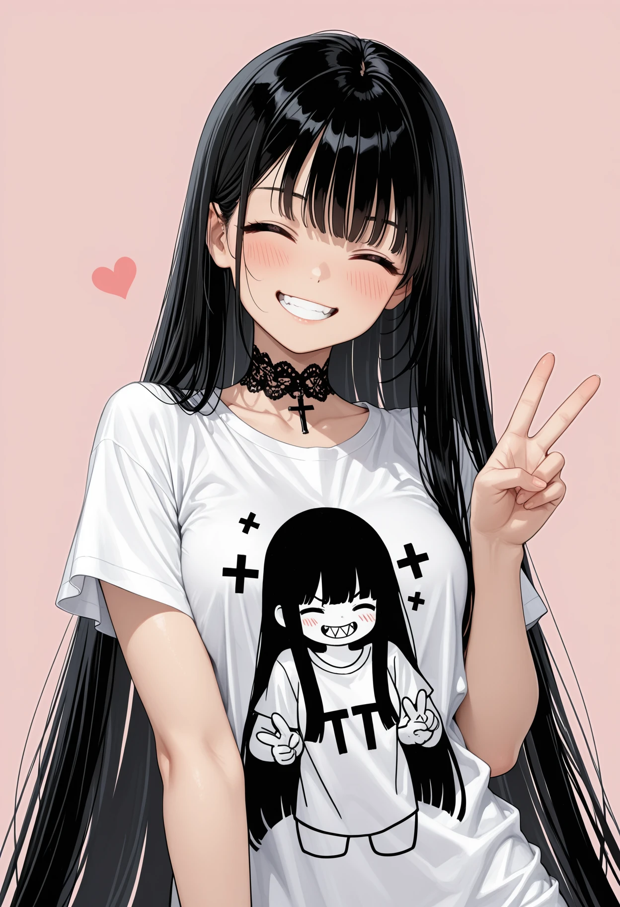masterpiece, detailed_eyes, high_quality, best_quality, highres, absurdres, 8k, subject_focus, depth_of_field,
1girl, super cute, super sexy, ((black hair, very long straight hair)), (closed eyes), (((><:1.3))), lace choker with cross, blush, (wearing white rock t-shirt), (Short sleeve), very beautiful girl, very cute face, (Medium chest), toothy smile, grin, ((Mouth wide open)), ((V sign:1.2)), (simple background), (Upper Body), solo, handdrawn styles,