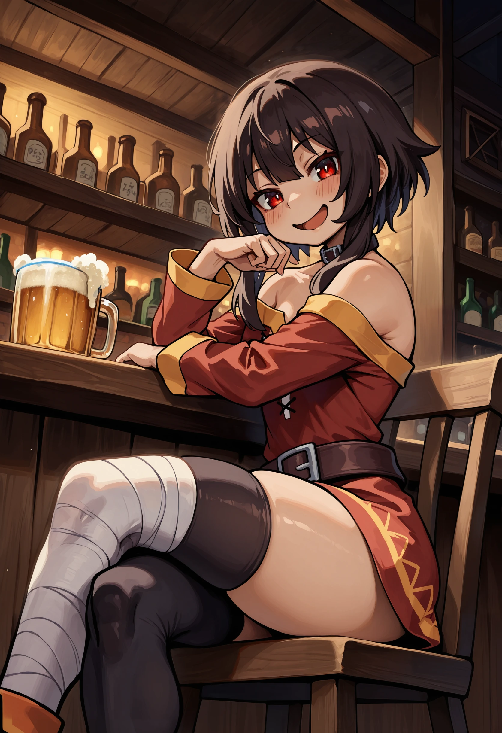 1 girl, alone, black fur, short hair, messy fur, Ahoge, grey eyes, blind eyes, kind eyes, very nervous, beautiful smile, sweet look,
Pechera medieval, iron breastplate, medieval knee pads, iron knee pads, underwear, medieval boots, medieval gloves, red cape,
Medieval shield on the back, exposed legs, arms, exposed, visible panties, magic, Panties in sight, beer foam in the mouth wooden jar, mug of beer, drinking beer, bar, adventurers guild
