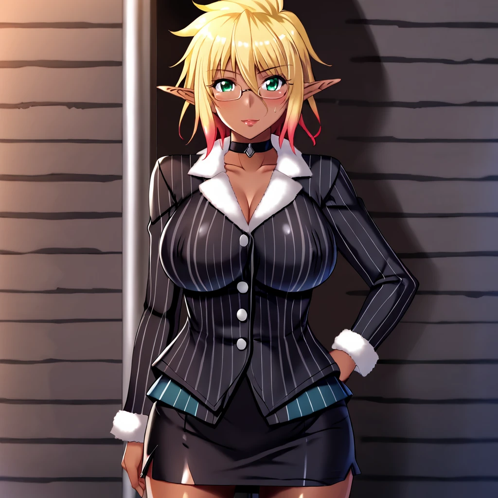 <lora:Elda_pony_v1:.7> Elda, 1girl, large breasts, dark skin, dark-skinned female, blonde hair, pointy ears, green eyes, elf, multicolored hair, hair between eyes, gradient hair, short hair, cowboy shot, <lora:0856 OL professional suit skirt 1_v1_pony:1> ruanyi0856,striped jacket,choker,black pantyhose,striped skirt,glasses,black skirt,pinstripe pattern
