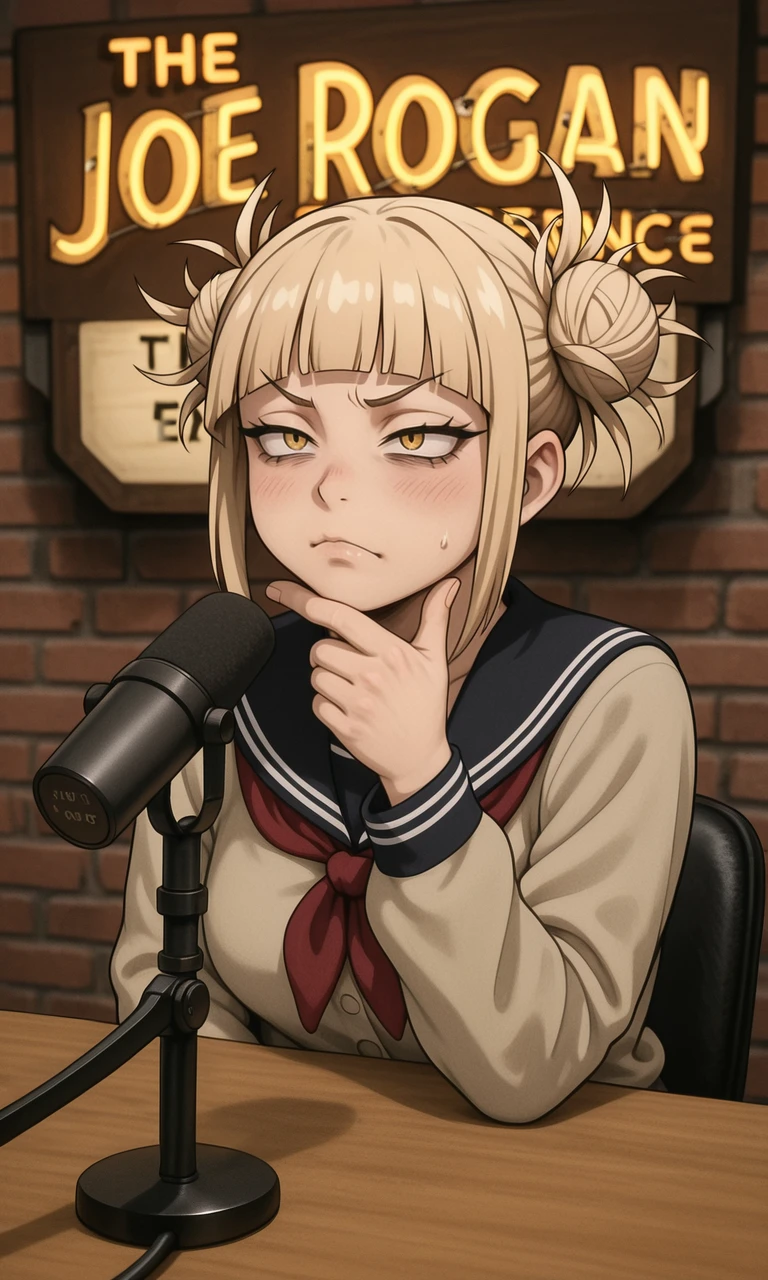 embedding:IllusP0s, the joerog an experience, sign, microphone, desk, wall, 1girl, stroking own chin, thinking, skeptical, toga himiko<lora:the joerog an experience_illustrious.safetensors:1.0:1.0>