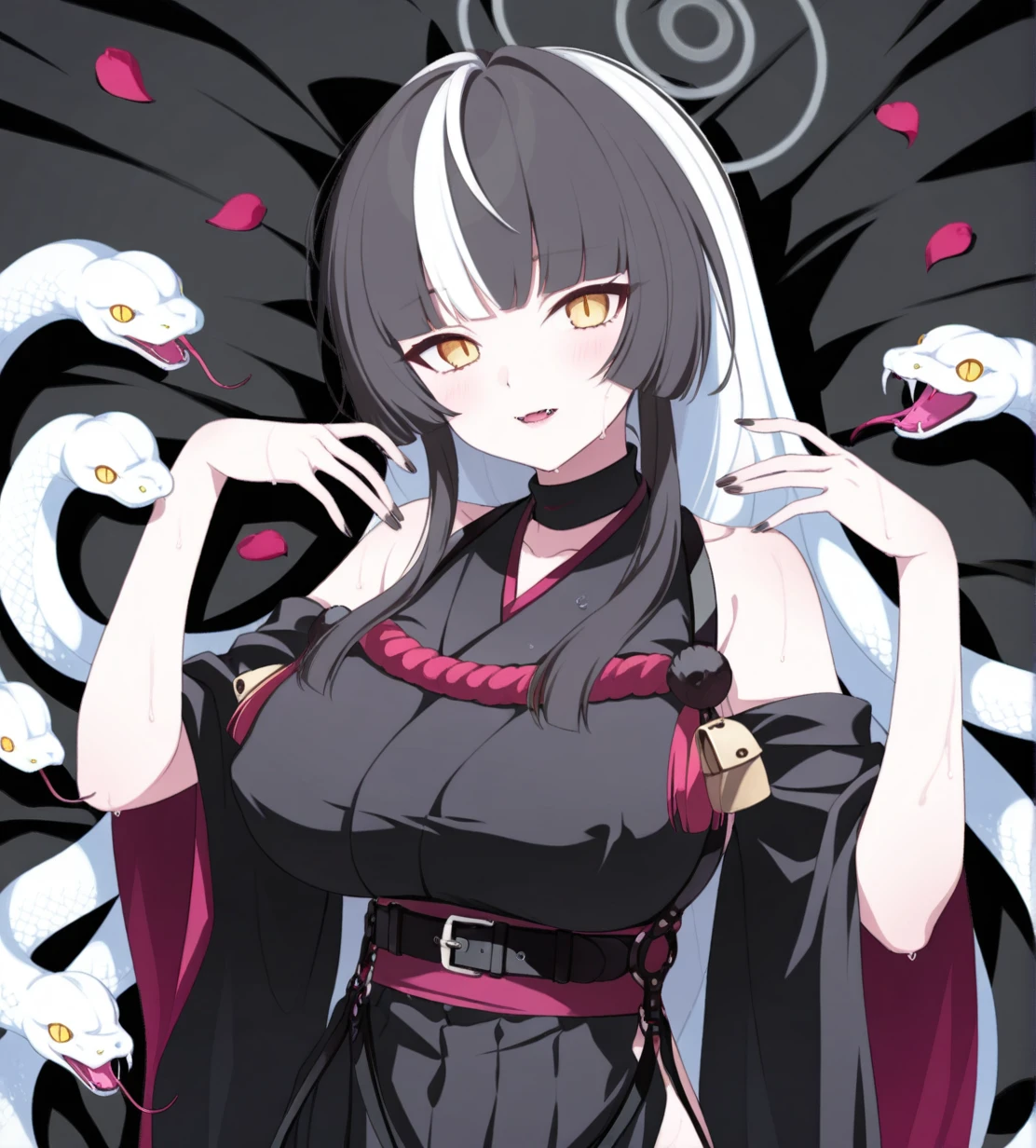 Habu Azami,
halo,
black hair,white hair,two-tone hair,long hair,
living hair,snake hair,white snake,
long sidelocks,blunt bangs,bangs,
yellow eyes,slit pupils,
nail polish,black nails,
side slit,black dress,two-tone dress,red inner,sleeveless,bell,strap,belt,
thigh boots,black boots,high heel boots,
fangs,
1girl, wild hips, huge breasts, bed sheet, blush, breasts, breasts apart, collarbone, covered nipples, from above, head tilt, looking at viewer, lying, navel, off shoulder, on back, parted lips, petals, solo, tareme, upper body, wet, 
intricate details,detailed background, <lora:noobaiXLNAIXL_epsilonPred11Version-lora:0.1>  <lora:Habu_Azami:1>