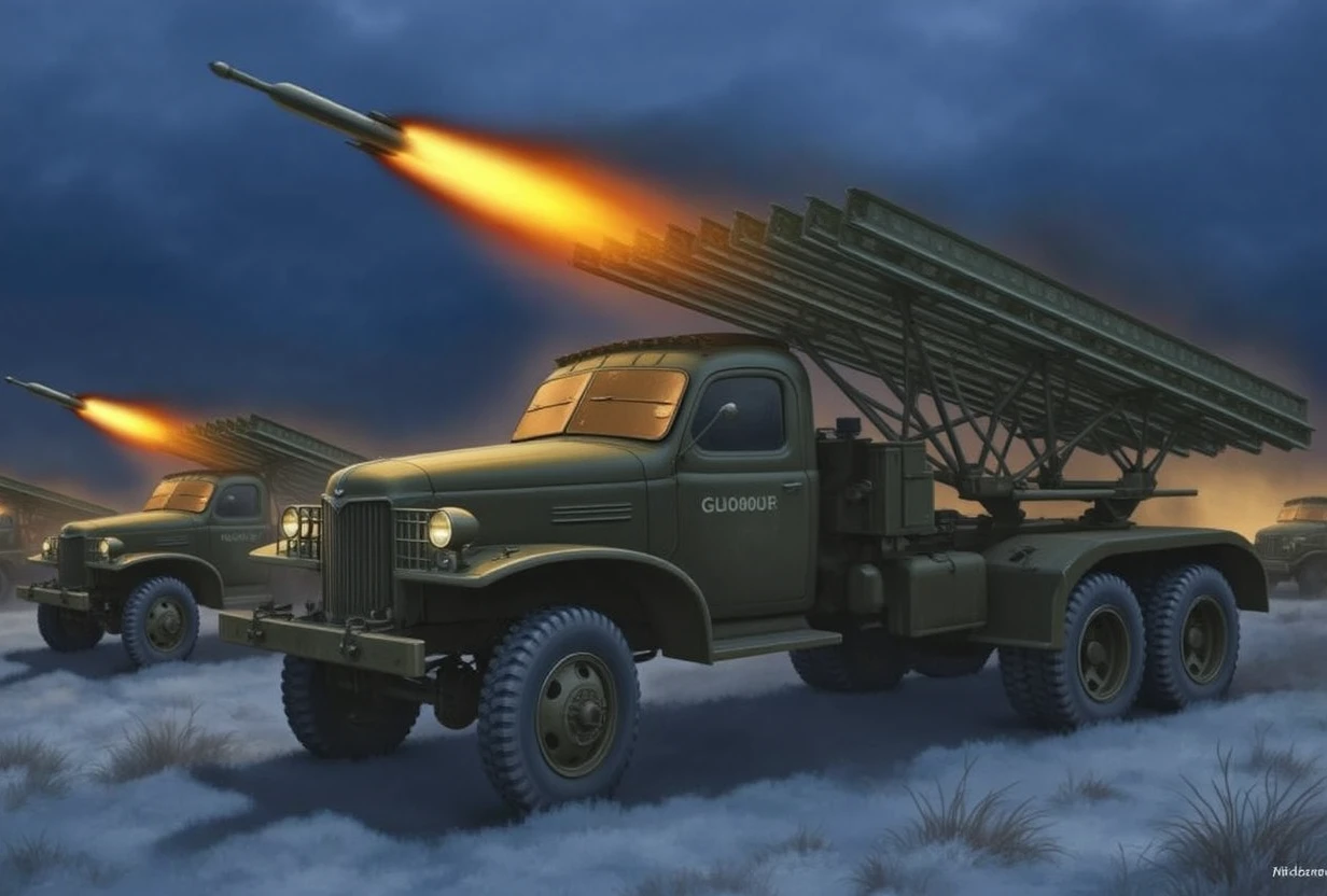 sketch of the battlefield, Masterpiece, Top quality, World War II (1.5), Harsh atmosphere of the battlefield (1.4), Dust clouds (1.1), Exquisite weapons (1.0), Atmospheric lighting (1.1), Cinematic composition (1.2), Historical accuracy (1.4)<lora:katyusha:1>katyusha
This military vehicle, called "Katyusha," is equipped with eight rocket launchers mounted on the bed of a six-wheeled military truck.Three-quarter view.Firing rockets.Night shooting.Snowy field.Headlights are on.