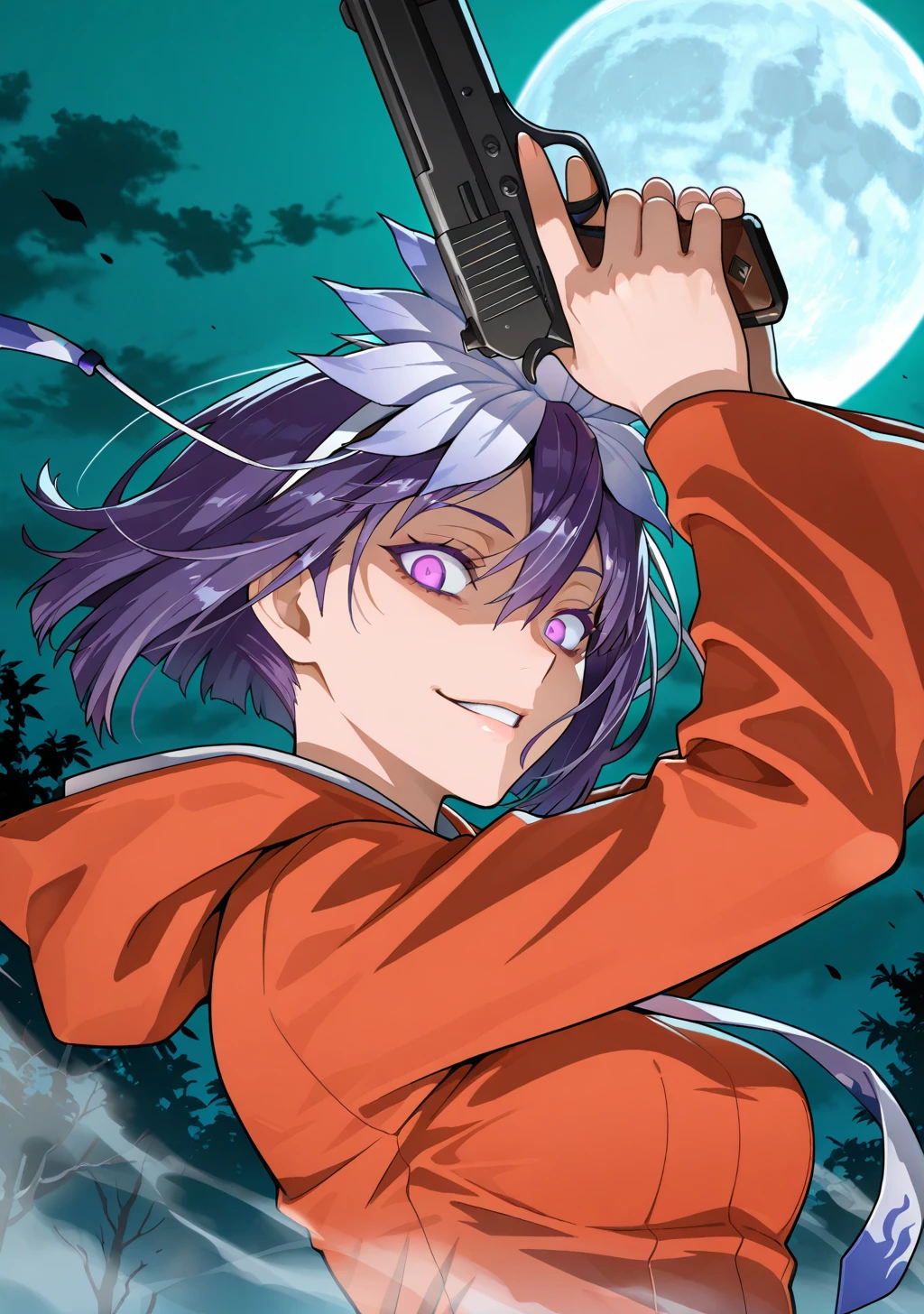 masterpiece, best quality, absurdres, perfect lighting,shiny skin,1girl,amane, purple eyes, purple hair, short hair,bangs, hair ornament,hair flower,<lora:amane:1>,orange dress,orange hood,hood down,long sleeves,necktie,holding gun, handgun,full moon, green background, night,fog,suicide,glowing eyes, glowing, shaded face,constricted pupils,looking at viewer, upper body, hand gesture,gun to own head,evil smile,wind, floating hair, floating clothes,
