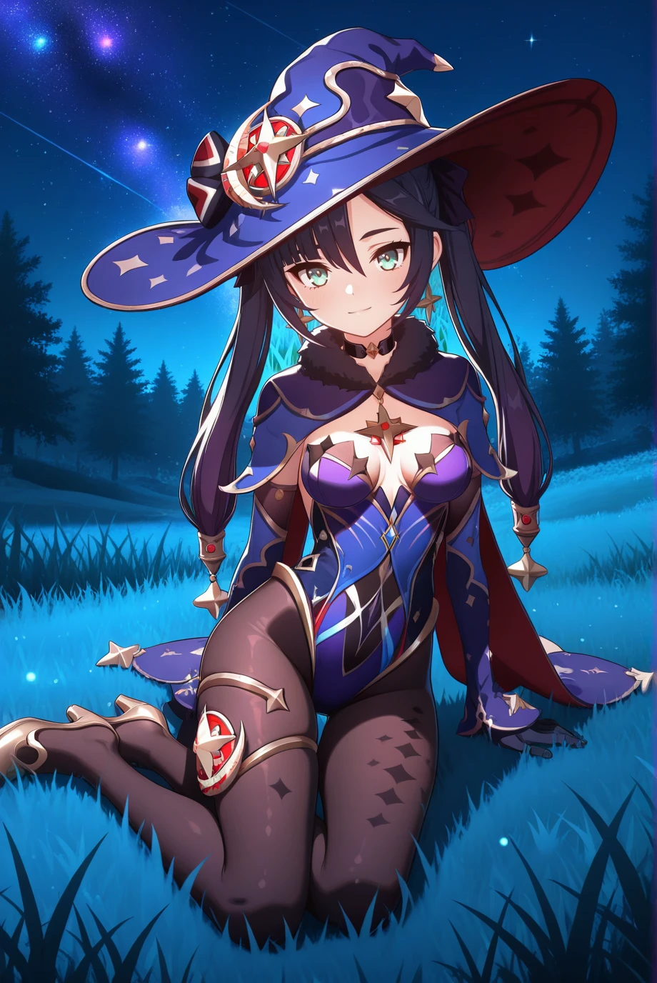 (masterpiece),best quality, expressive eyes, perfect face,w sitting, w sitting on ground, legs on ground, arms between legs, bot arms between legs,1girl,mona_tpa,
witch hat,
pantyhose,
star_(symbol) pantyhose,big breast, H-cup, good breast