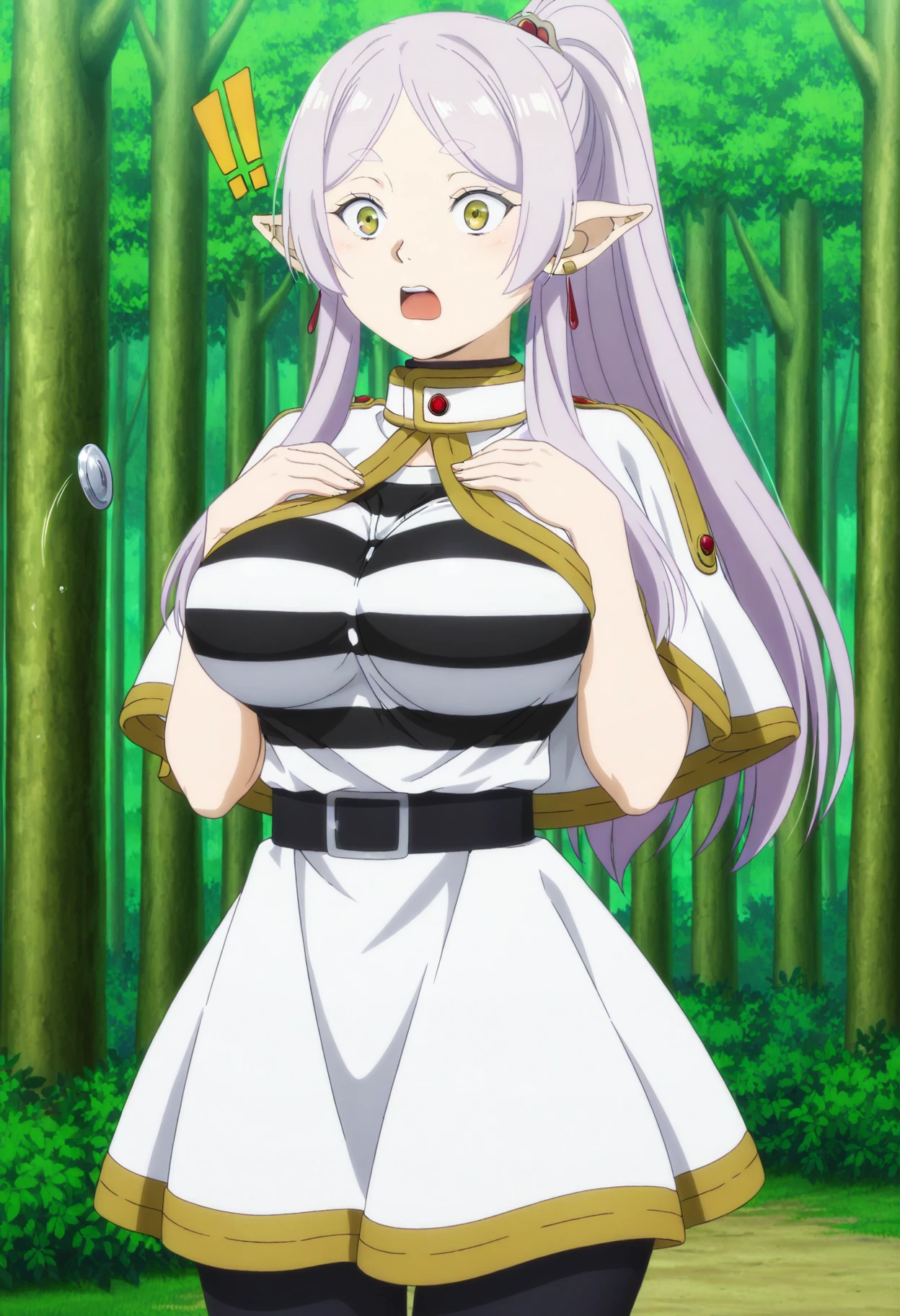 masterpiece, best quality, absurdres, highres, cinematic light, 1girl, <lora:lalatoya:0.9> alatoya_wz, pink hair, long hair, sidelocks, high ponytail, hair ornament,pointy ears, yellow eyes, large breasts, frieren, cosplay, shirt, white capelet, white skirt, black pantyhose, imposible shirt, alternate breast size, flying button, !!, surprised, hands on own chest, cowboy shot, forest, day, questionable, <lora:anime_screencap-Illustrious_1064755:1> anime screencap, anime coloring