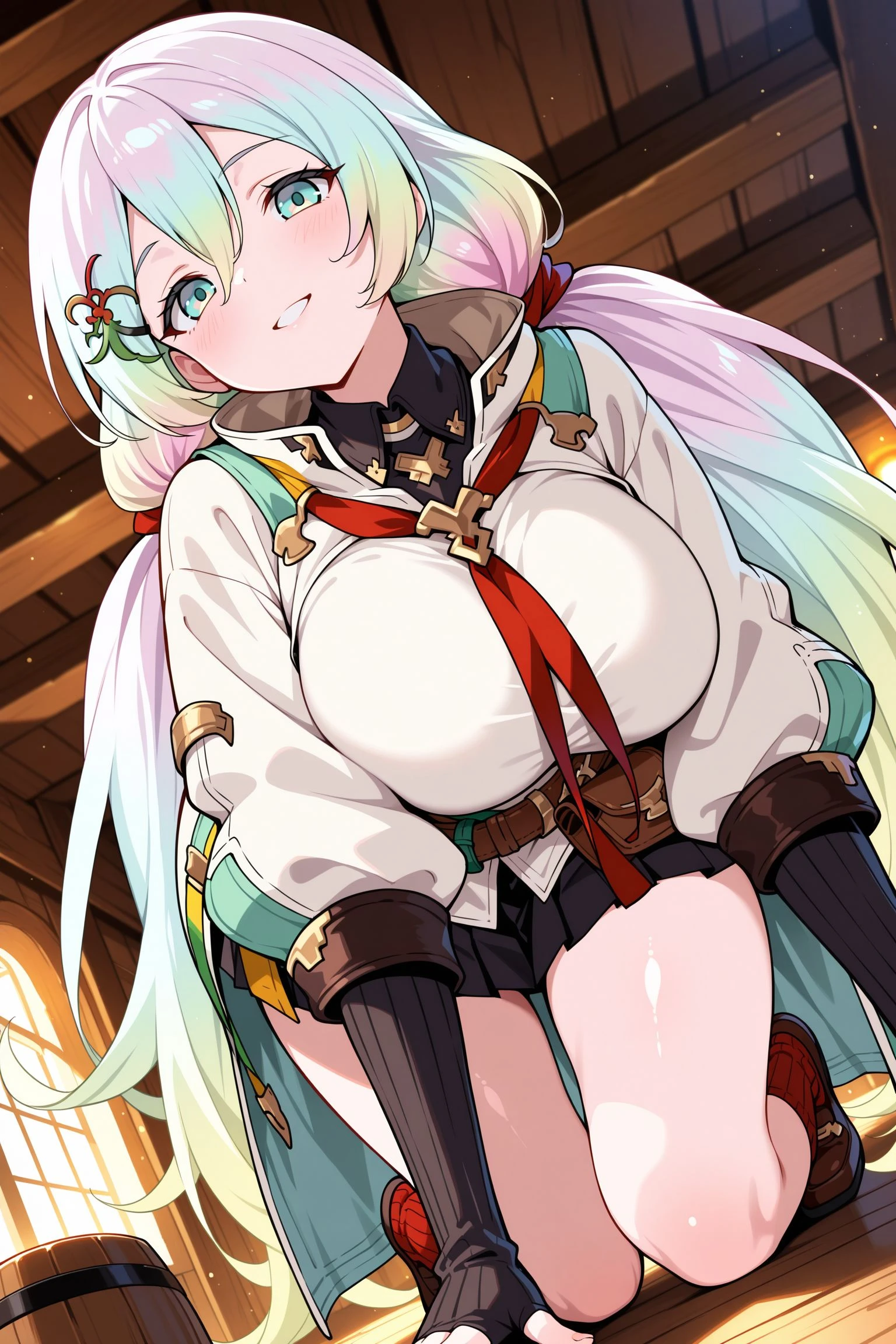 masterpiece, best quality, anime, 2d, 1girl, cupitan \(granblue fantasy\), aqua eyes, long hair, multicolored hair, low twintails, hairpin, detached black collar, multicolored neckerchief, untucked clothes, white clothes, open jacket, arm straps, fingerless elbow gloves, ribbed black elbow gloves, belt pouchs, black pleated skirt, miniskirt, ribbed red socks, brown footwears, <lora:CupitanNBCAMEq3v1.3 GBF:1>,abstract, absurdres, incredibly absurdres, establish, facing viewer, indoors, tavern, from below, all fours, dutch angle, shiny skin, mature female, happy