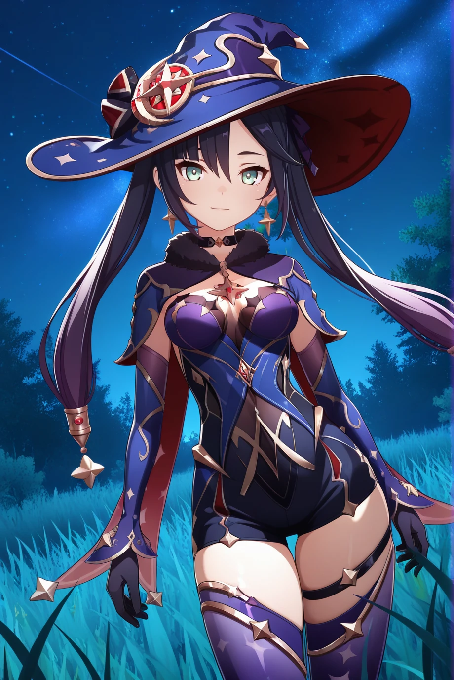 1girl, checkered background, cowboy shot, very red skin, purple eyes, very long hair, side braid, wide hips, wizard hat, thighhighs, front-tie top, chaps, gauntlets, thin waist, toned, large breasts, purple hair