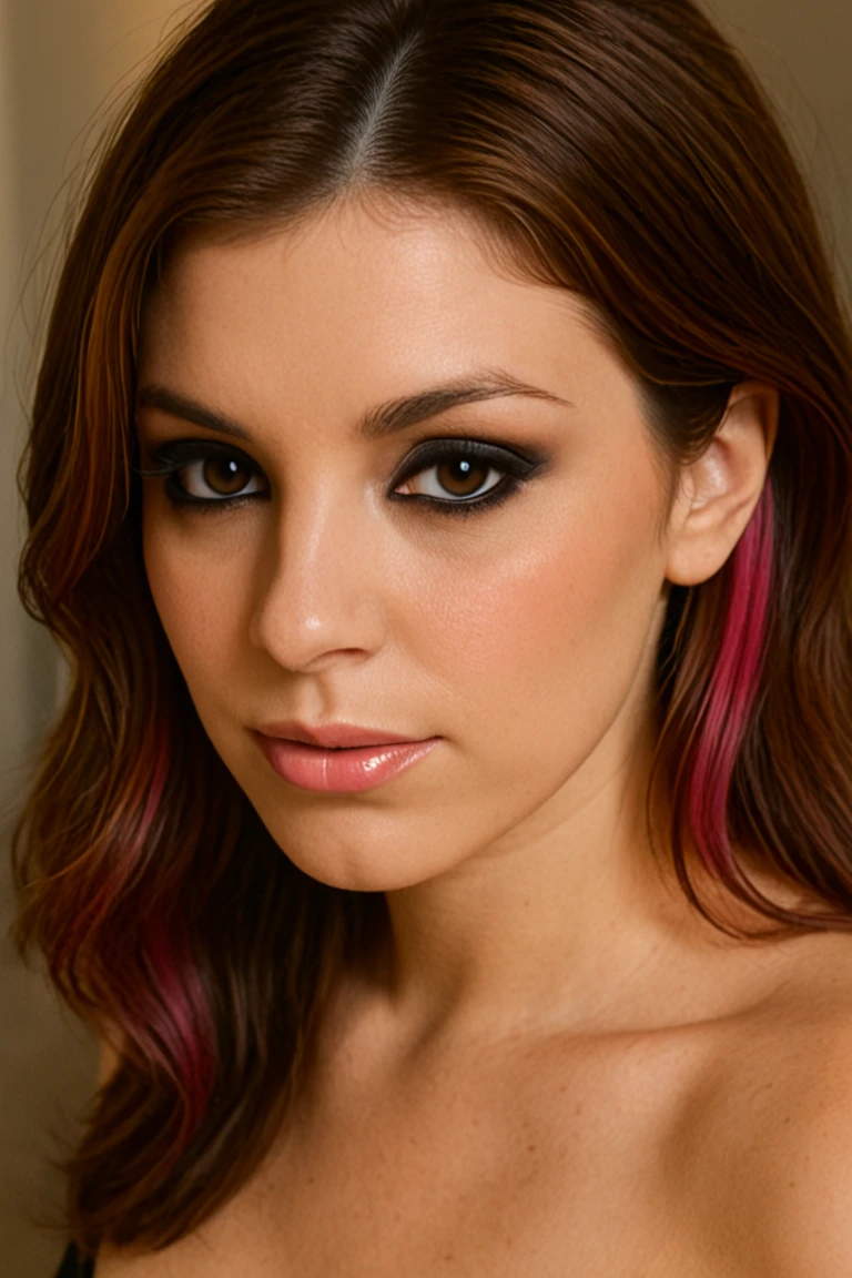 LexiGPT, chestnut hair, pink streaks, smoky eyes, 1girl, solo, brown eyes, brown hair, realistic, , lips, long hair, nose, upper body, looking at viewer, closed mouth, off shoulder, medium breasts