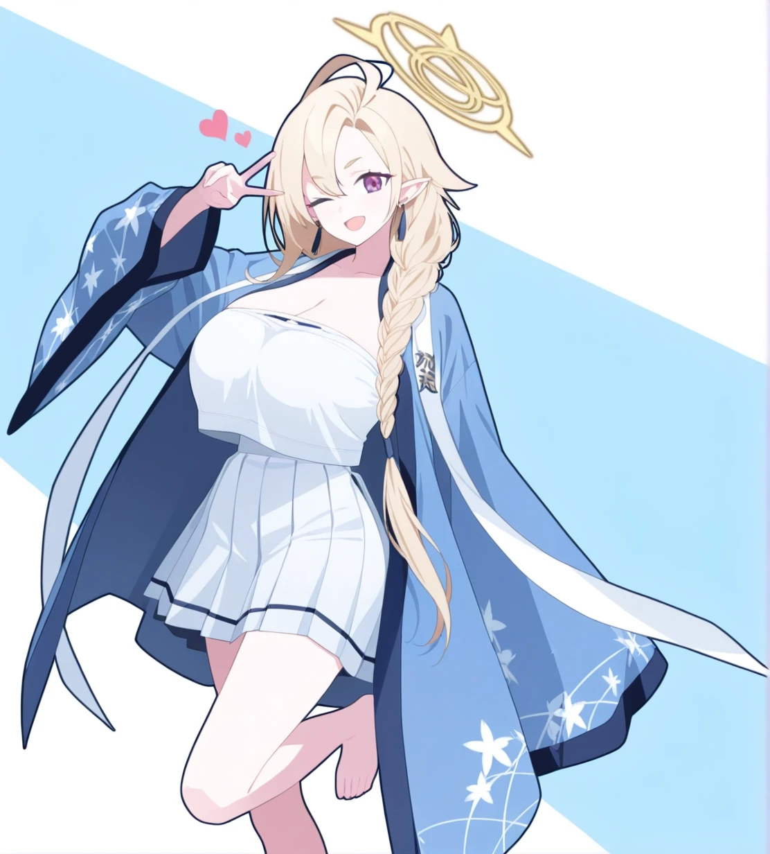 Nanakado Ayame,
yellow halo,
blond hair,long hair,single braid,hair over shoulder,ahoge,hair between eyes,
purple eyes,pointy ears,
white serafuku,blue haori,white scarf,
white tabi,blue okobo,
tassel earrings,blue earrings,
1girl, wild hips, huge breasts, ;d, barefoot, breasts, hand up, heart, looking at viewer, one eye closed, short eyebrows, smile, solo, standing, standing on one leg, strapless, thick eyebrows, two-tone background, peace sign,
intricate details,detailed background, <lora:noobaiXLNAIXL_epsilonPred11Version-lora:0.1> <lora:Nanakado_Ayame:1>