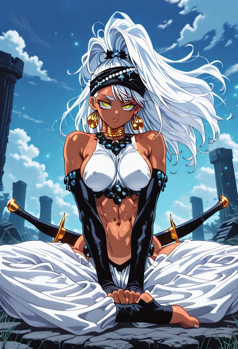 YutaOPM, 1girl, solo, tanned female, athletic figure, curvy figure, white hair, very long hair, hair ornament, high ponytail, hair band, headband, yellow eyes, lips, hoop earrings, dark skin, necklace, jewelry, large breast, white crop top, clothes ornament, side boobs, navel, midriff, groin, white pants, harem pants, side cutout pants, pants ornament, black gloves, elbow gloves, stirrup legwear, barefoot, weapon, dual wielding, sheath, bare shoulders, toeless legwear, baggy pants, abs,
,seductive pose, sexy pose, tease,
masterpiece, best quality, fine details, intricate details, depth of field, subsurface scattering, bokeh,
ultra-detailed, very aesthetic, detailed background, newest, scenery, highres, absurdres, colorful, vibrant, glowing, perfect face, 2d, perfect eyes, vibrant saturated colors, volumetric lighting, sharp, detailed eyes, perfect anatomy, perfect face, perfect eyes, mature body, clear eyes, beautiful eyes, athletic, curvy body, athletic girl, perky tits, perfect tits, round breasts, pinup pose, teasing, lustful expression, perfect hands,
muscular female, dutch angle,
floating hair, floating clothes, outdoors, sitting, stone, ruins, blue sky, cloud, grass,
,Smooth Negative, Smooth_Quality,
90s_anime_aesthetic, 1990s (style), dark_fantasy_style, dark fantasy, retro,