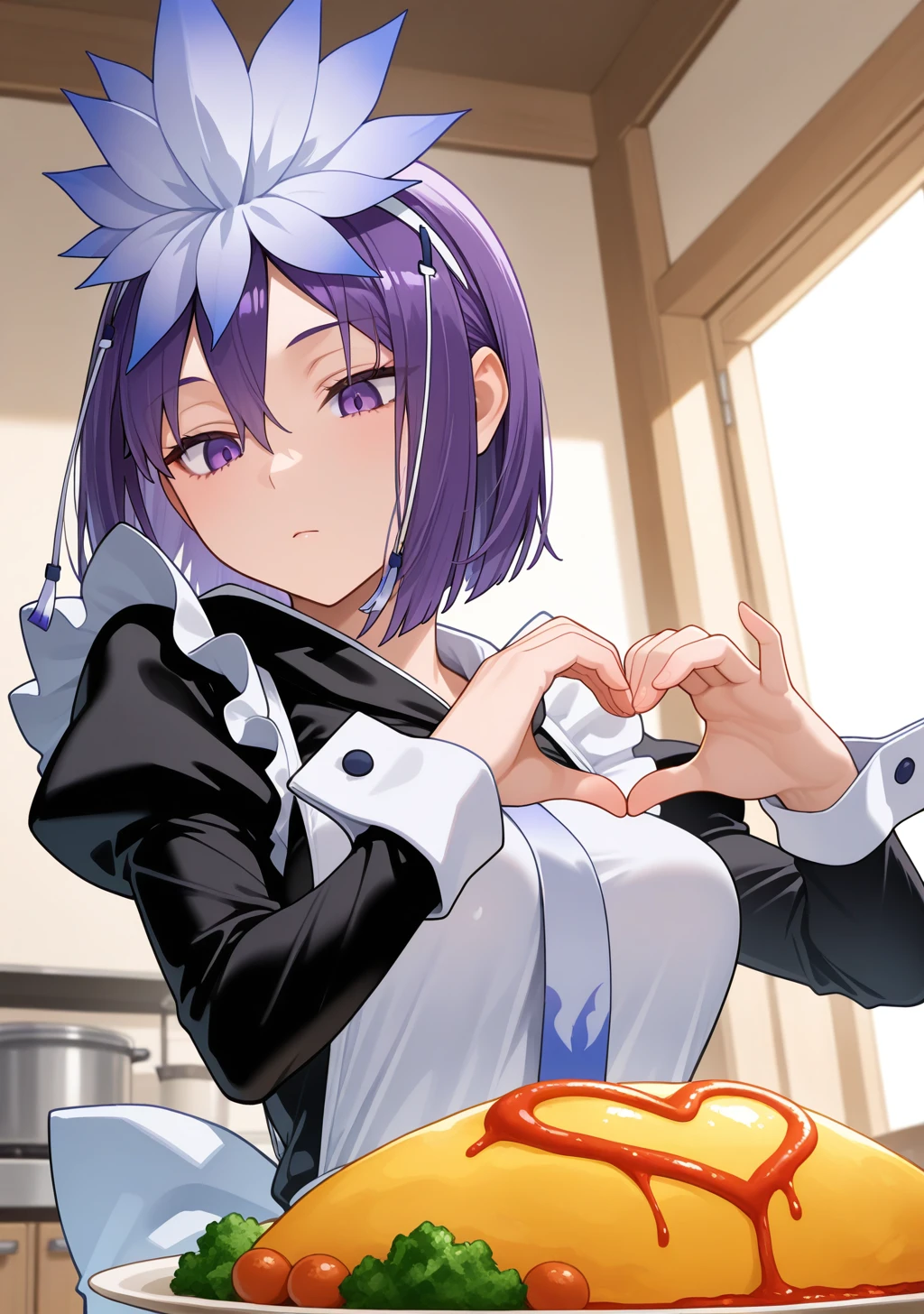 masterpiece, best quality, absurdres, perfect lighting,shiny skin,1girl,amane, purple eyes, purple hair, short hair,bangs, hair ornament,hair flower,<lora:amane:1>,maid apron, maid headdress,omurice,food, heart hands,heart effects, looking down,looking back,expressionless,kitchen,