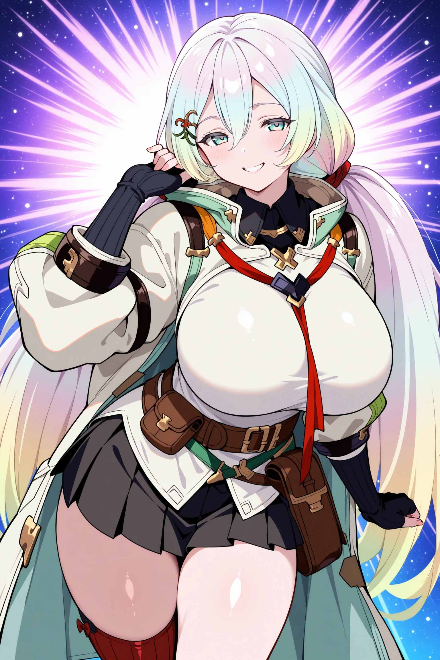 masterpiece, best quality, anime, 2d, 1girl, cupitan \(granblue fantasy\), best quality, anime, 2d, 1girl, cupitan \(granblue fantasy\), aqua eyes, long hair, multicolored hair, low twintails, hairpin, detached black collar, multicolored neckerchief, untucked clothes, white clothes, open jacket, arm straps, fingerless elbow gloves, ribbed black elbow gloves, belt pouchs, black pleated skirt, miniskirt, ribbed red socks, brown footwears, <lora:CupitanNBCAMEq3v1.3 GBF:1>,abstract, absurdres, incredibly absurdres, establish, facing viewer, cowboy shot, shiny skin, abstract background, mature female, happy. naughty face,
