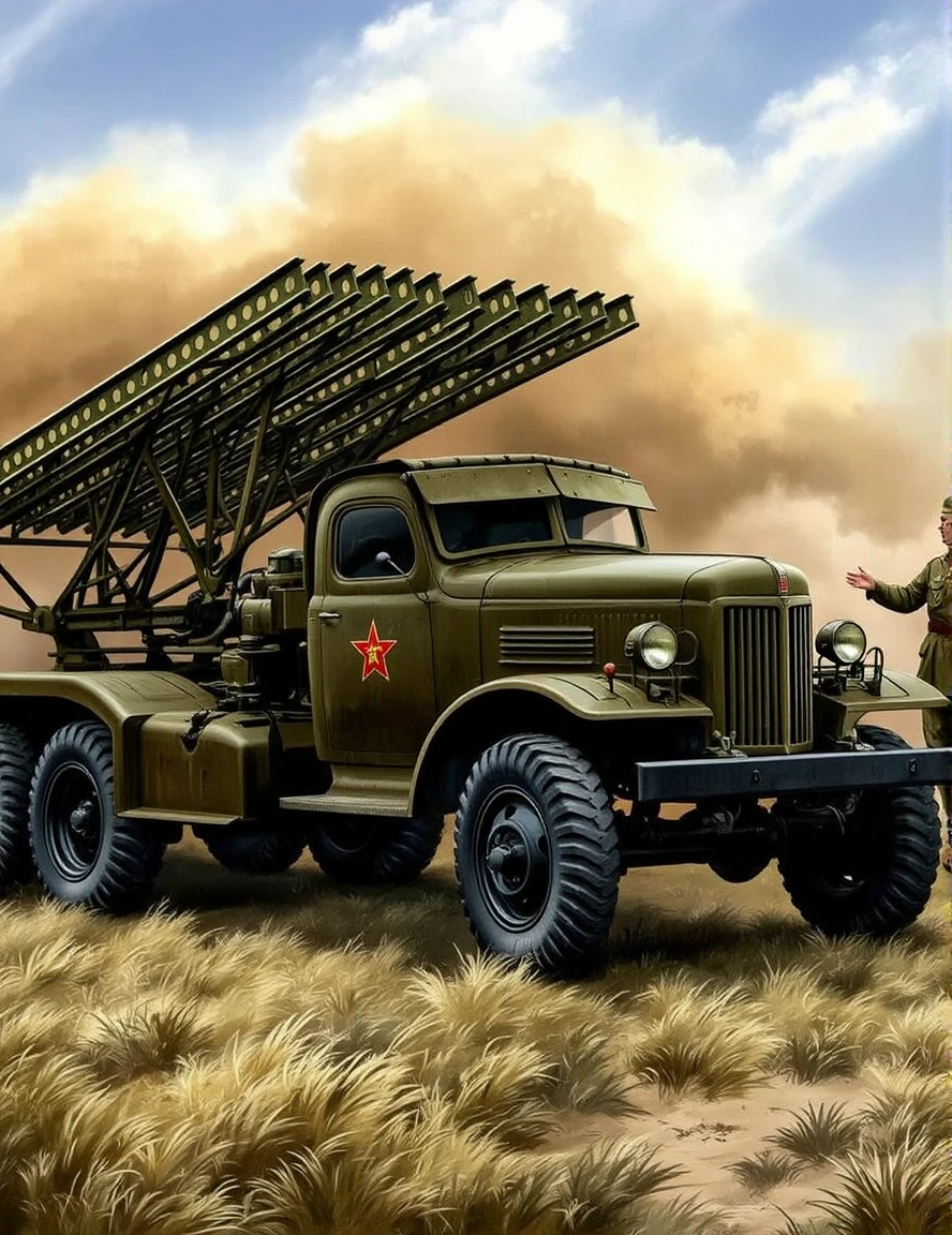 sketch of the battlefield, Masterpiece, Top quality, World War II (1.5), Harsh atmosphere of the battlefield (1.4), Dust clouds (1.1), Exquisite weapons (1.0), Atmospheric lighting (1.1), Cinematic composition (1.2), Historical accuracy (1.4)<lora:katyusha:1>katyusha
This military vehicle, called "Katyusha," is equipped with eight rocket launchers mounted on the bed of a six-wheeled military truck,
Soviet soldiers standing next to the vehicle