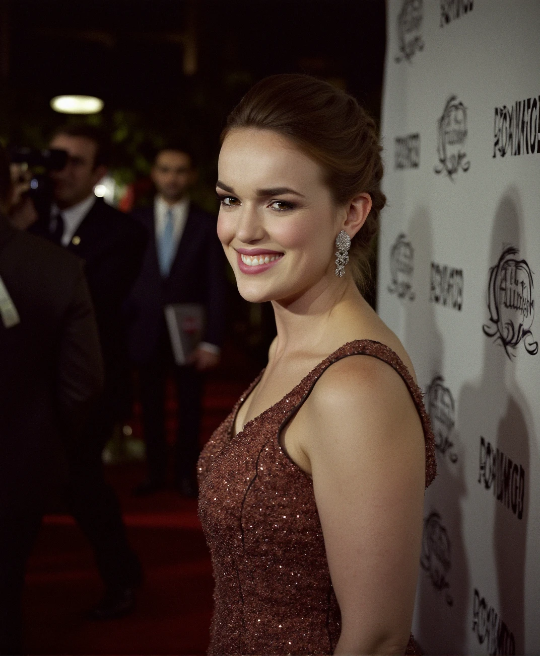 An analog photograph of (sks woman:1), wearing a glamorous, sexy evening gown at a Hollywood premiere event. It's crowded and she is posing in front of the wall for the photographers