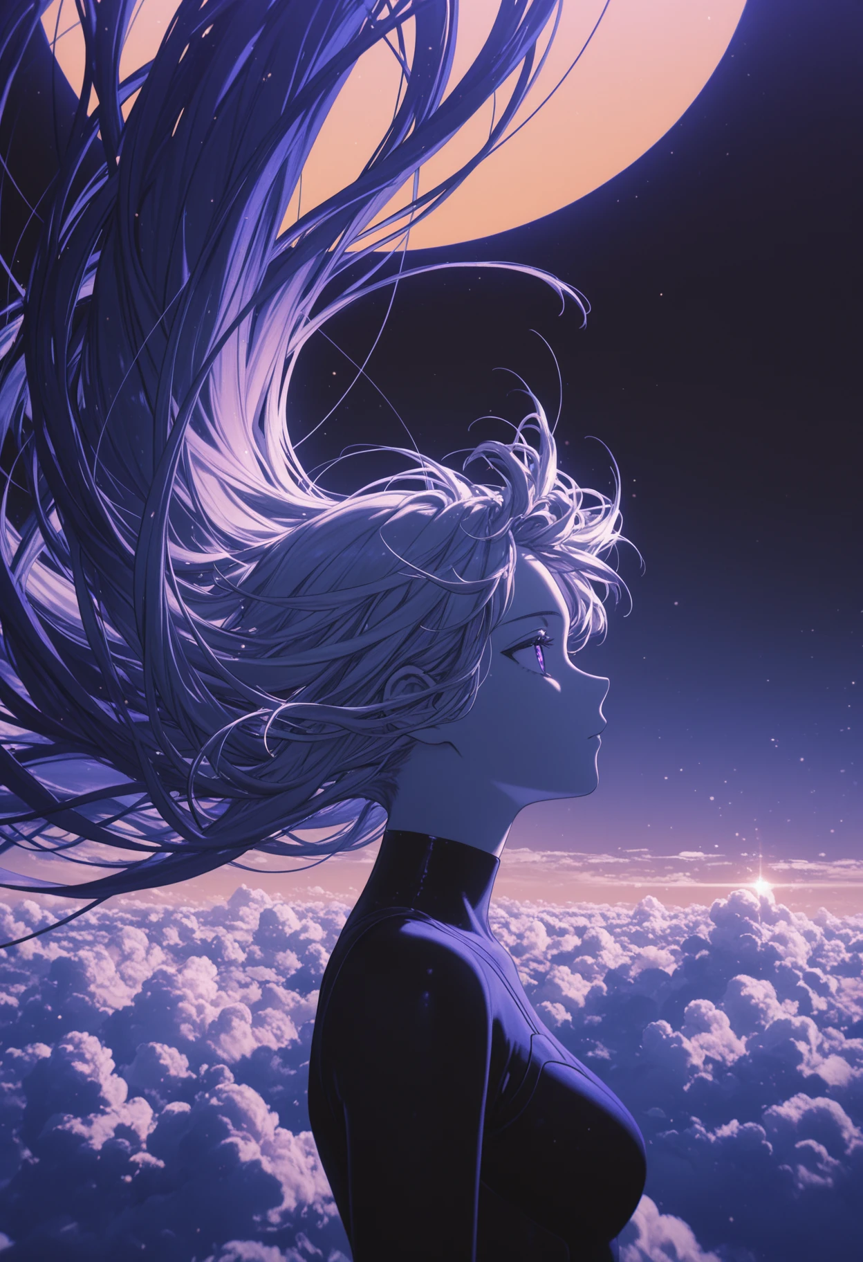 masterpiece, detailed_eyes, high_quality, best_quality, highres, absurdres, 8k, subject_focus, depth_of_field, 
1girl, purple theme, simple background, semi-[monochrome], anime, stylish anime wallpaper aesthetic, detailed grit texture overlay and detail BREAK long hair, silver gradient etching, sharp contrast, from side, looking away, dynamic movement, floating hair, wind, very_long_hair, dark background, gradient color, glow, hyperbloom, semi-transparent, konya karasue, above clouds, golden hour